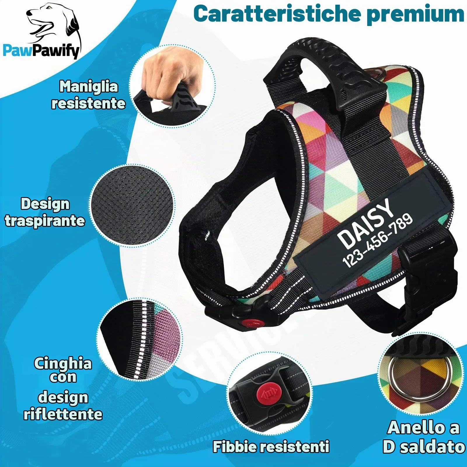PawPawify, Pettorina antitiro per cani robusta, per evitare strattoni, tirate o soffocamento, per addestramento e passeggiate, personalizzabile con nome e telefono, S, petto 51-63,5 cm, multicolore - immagine 3