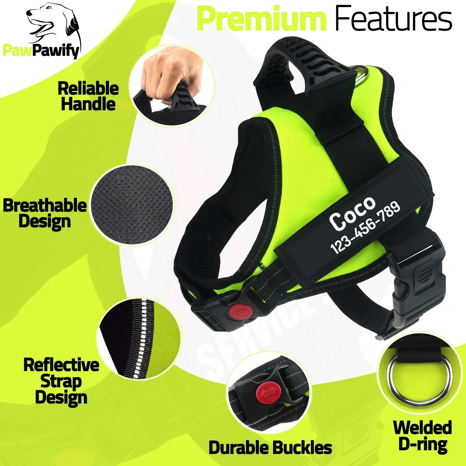 PawPawify, pettorina per cani con nome personalizzato e numero di telefono per animali domestici resistente per prevenire tiraggi, tirare, soffocare, allenare e camminare - immagine 3