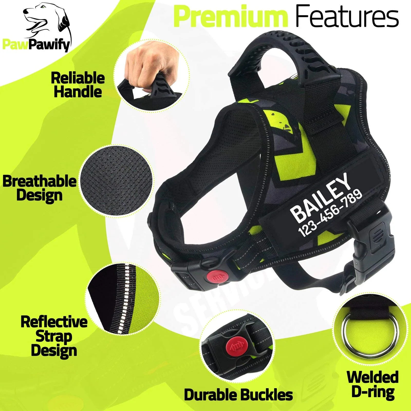 PawPawify, Pettorina antitiro per cani robusta, per evitare strattoni, tirate o soffocamento, per addestramento e passeggiate, personalizzabile con nome e numero di telefono, S, petto 51-63,5 cm - immagine 3