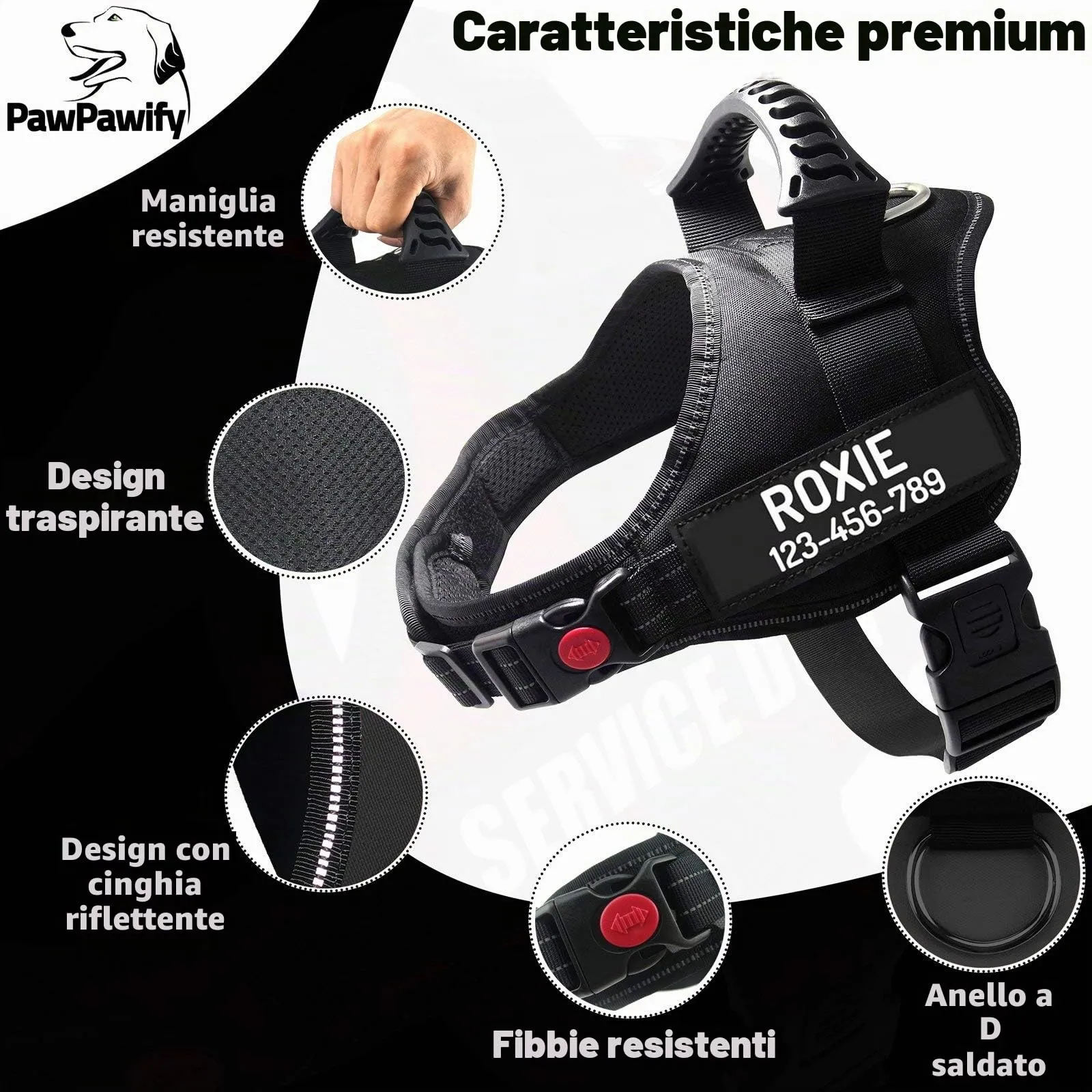 PawPawify, Pettorina per cani antitiro robusta, per evitare strattoni, tirate o soffocamento, per addestramento e passeggiate, personalizzabile con nome e telefono, XL, petto 81,3-111,76 cm, nero - immagine 3
