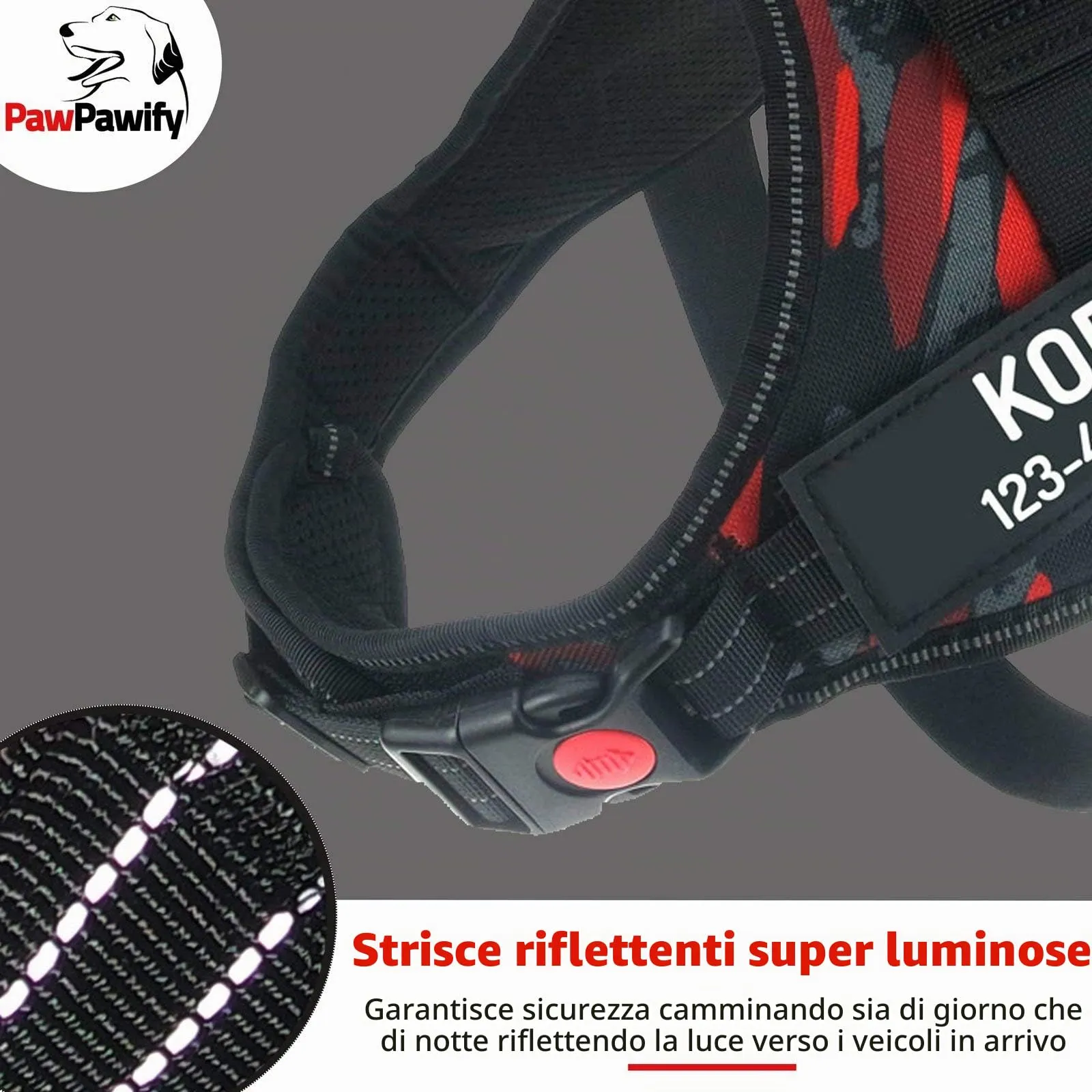 PawPawify, Pettorina antitiro per cani robusta, per evitare strattoni, tirate o soffocamento, per addestramento e passeggiate, personalizzabile con nome e telefono, S, petto 51-63,5 cm, rosso mimetico - immagine 4