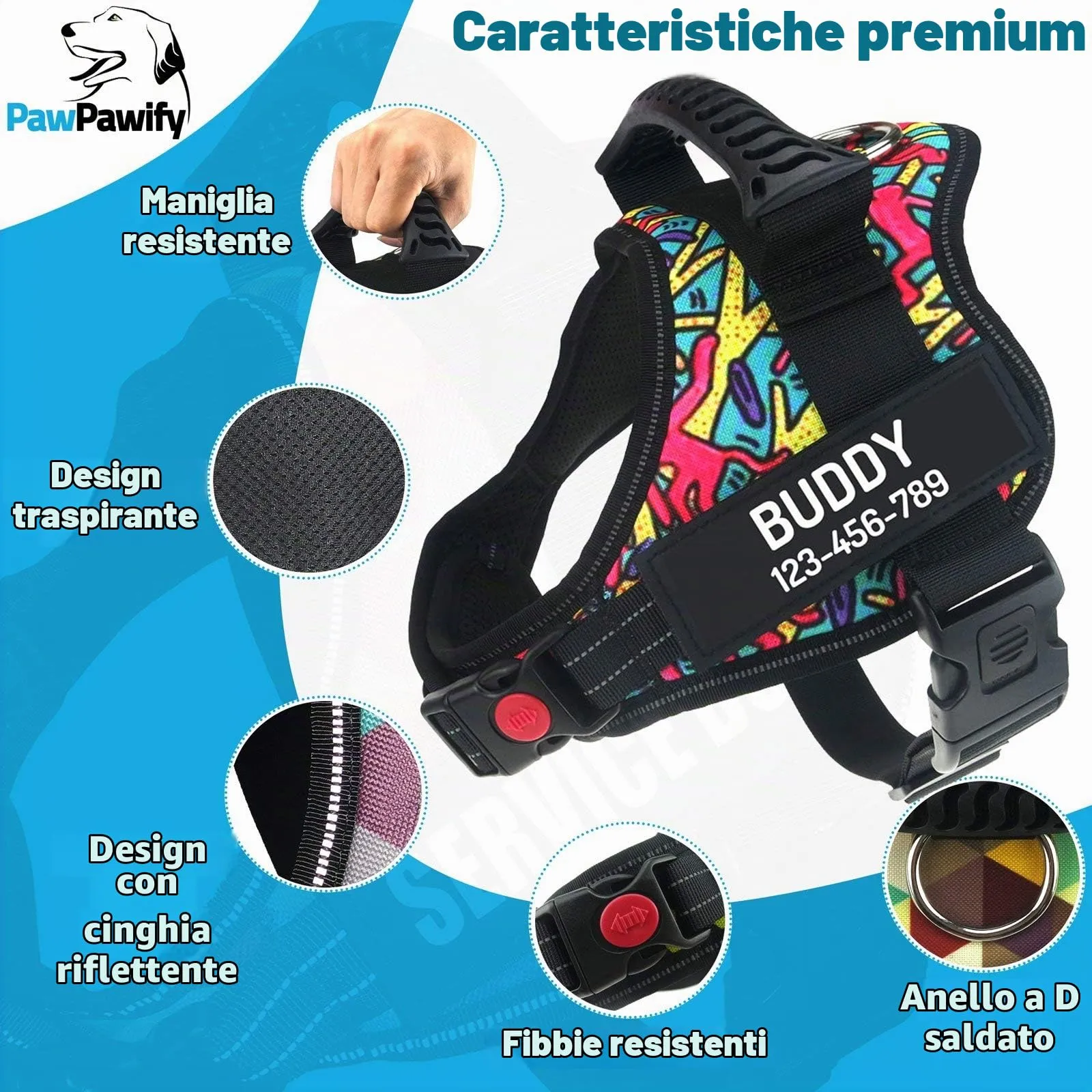 PawPawify, Pettorina antitiro per cani robusta, per evitare strattoni, tirate o soffocamento, per addestramento e passeggiate, personalizzabile con nome e numero di telefono, M, petto 61-78,7 cm - immagine 3