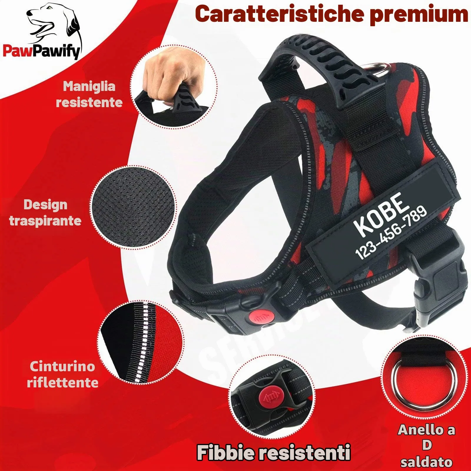 PawPawify, Pettorina antitiro per cani robusta, per evitare strattoni, tirate o soffocamento, per addestramento e passeggiate, personalizzabile con nome e telefono, L, petto 71-96,5 cm, rosso mimetico - immagine 3