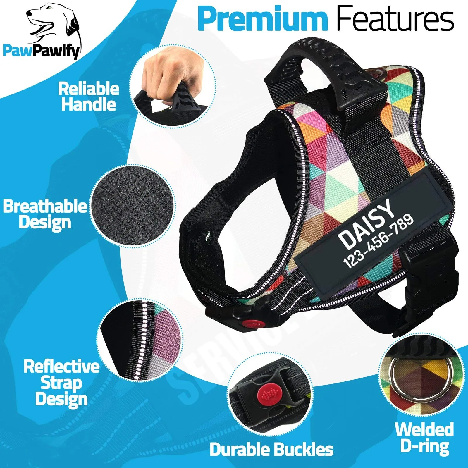 PawPawify, Pettorina per cani antitiro robusta, per evitare strattoni, tirate o soffocamento, per addestramento e passeggiate, personalizzabile con nome e telefono, XXL, petto 84-116,8 cm, multicolore - immagine 3
