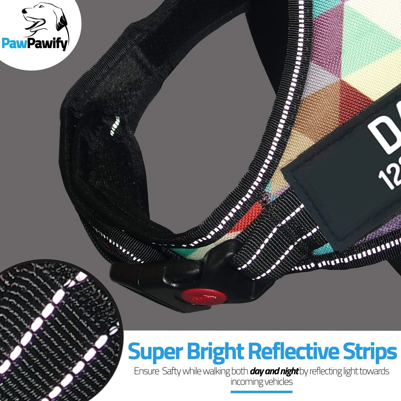 PawPawify, Pettorina per cani antitiro robusta, per evitare strattoni, tirate o soffocamento, per addestramento e passeggiate, personalizzabile con nome e telefono, XXL, petto 84-116,8 cm, multicolore - immagine 4