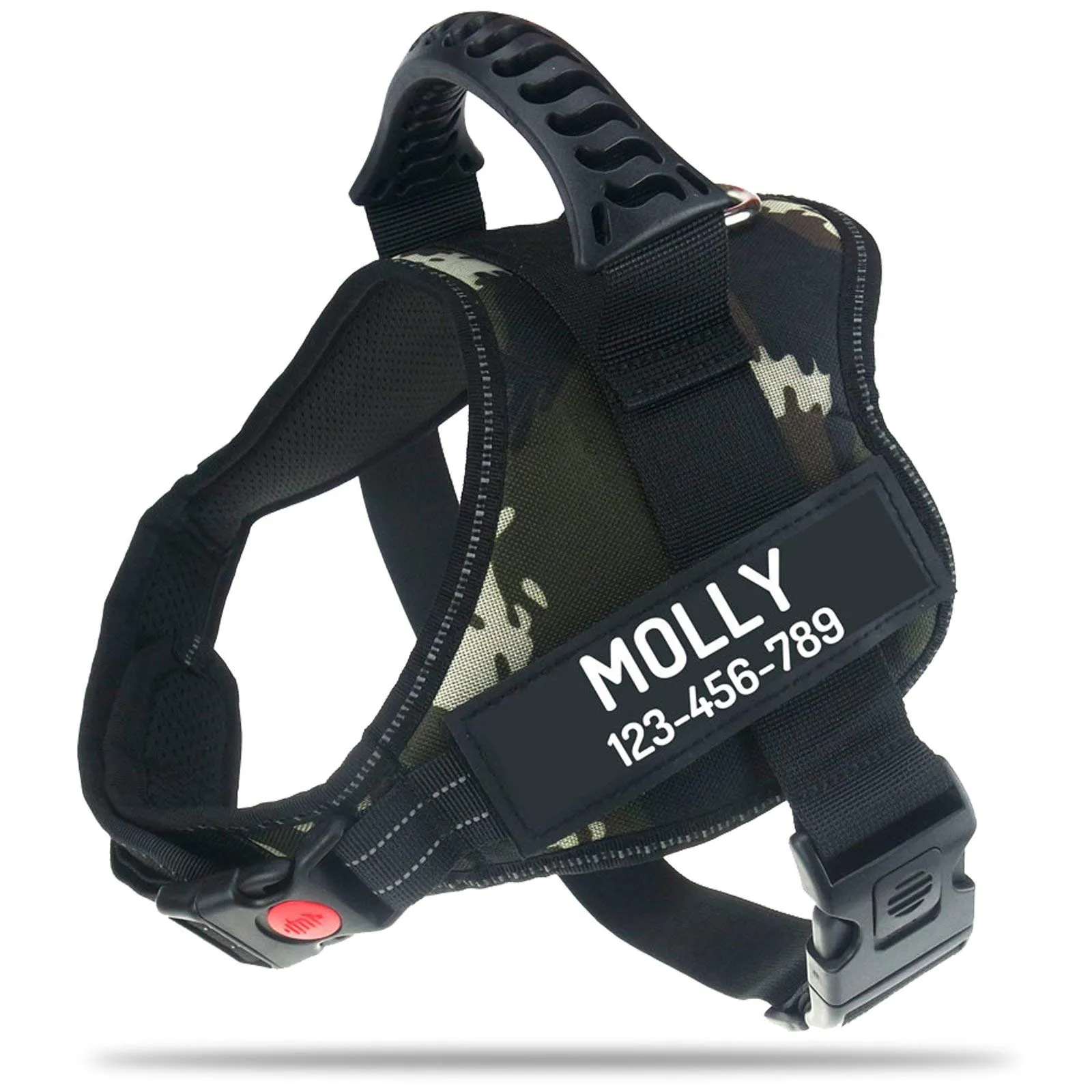PawPawify, Pettorina antitiro per cani robusta, per evitare strattoni, tirate o soffocamento, per addestramento e passeggiate, personalizzabile con nome e telefono, M, petto 61-78,7 cm, verde mimetico - immagine 1