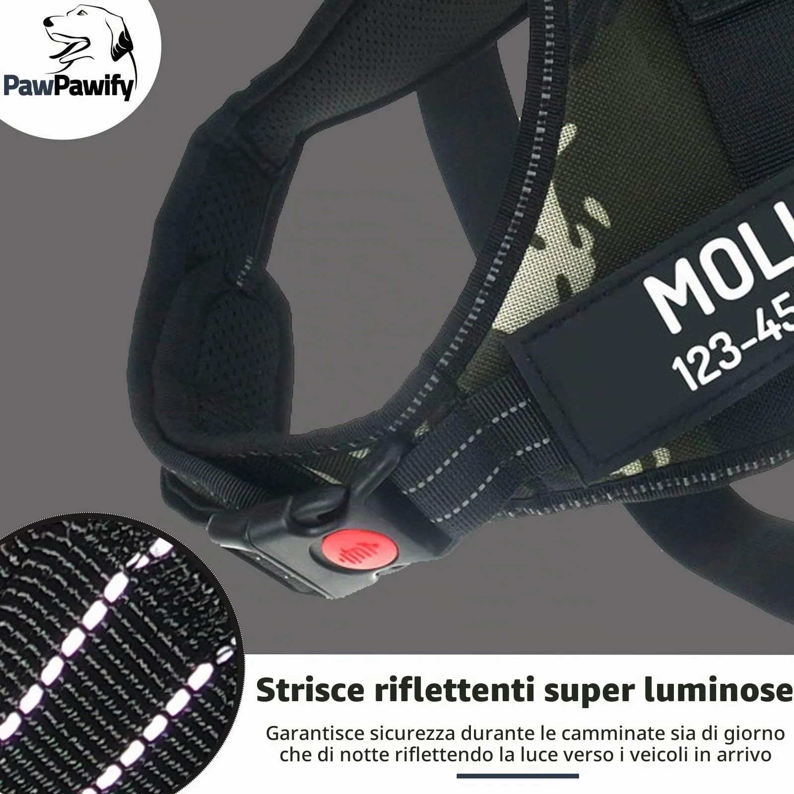PawPawify, Pettorina antitiro per cani robusta, per evitare strattoni, tirate o soffocamento, per addestramento e passeggiate, personalizzabile con nome e telefono, M, petto 61-78,7 cm, verde mimetico - immagine 4