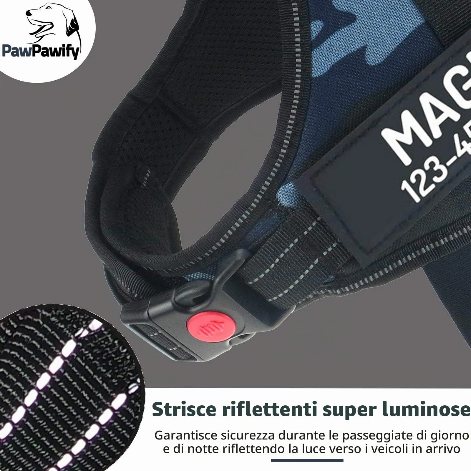 PawPawify, Pettorina antitiro per cani robusta, per evitare strattoni, tirate o soffocamento, per addestramento e passeggiate, personalizzabile con nome e telefono, M, petto 61-78,7 cm, blu mimetico - immagine 4