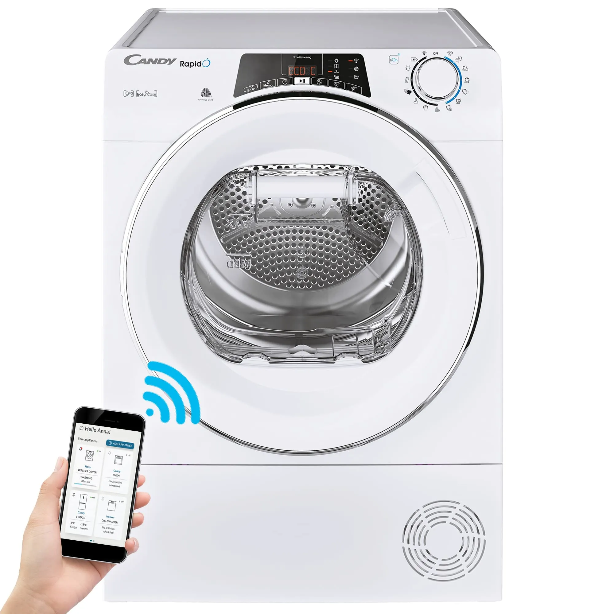 Candy RapidÓ Asciugatrice 9 Kg a Pompa di Calore, Libera Installazione, Classe E, Connessione Wi-Fi, Controllo da App, Avvio Programmabile, Programma Lana, 59 x 58 x 85 cm, Bianca - ROE H9A2TCEX-S - immagine 1