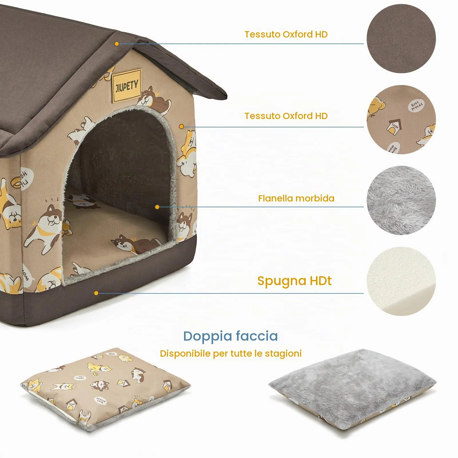 Jiupety Cuccia Cane Interno Taglia Grande, Taglia 2XL Kennel Adatto per Cani di Grandi dimensioni, Grotta Calda e Confortevole, Cuscino Sedile Reversibile, Fondo Antiscivolo, Marrone - immagine 2