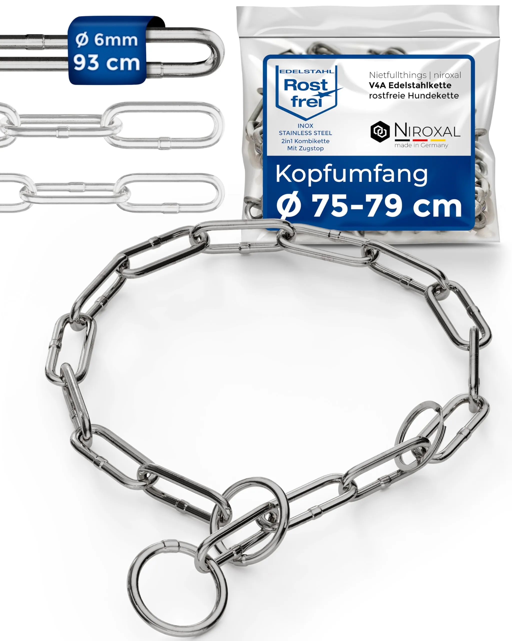 Collare addestramento cane acciaio inox V4A Ø6 mm – lunghezza 68 cm (totale) – per testa 49–54 cm – maglia lunga con limitatore di trazione - immagine 1