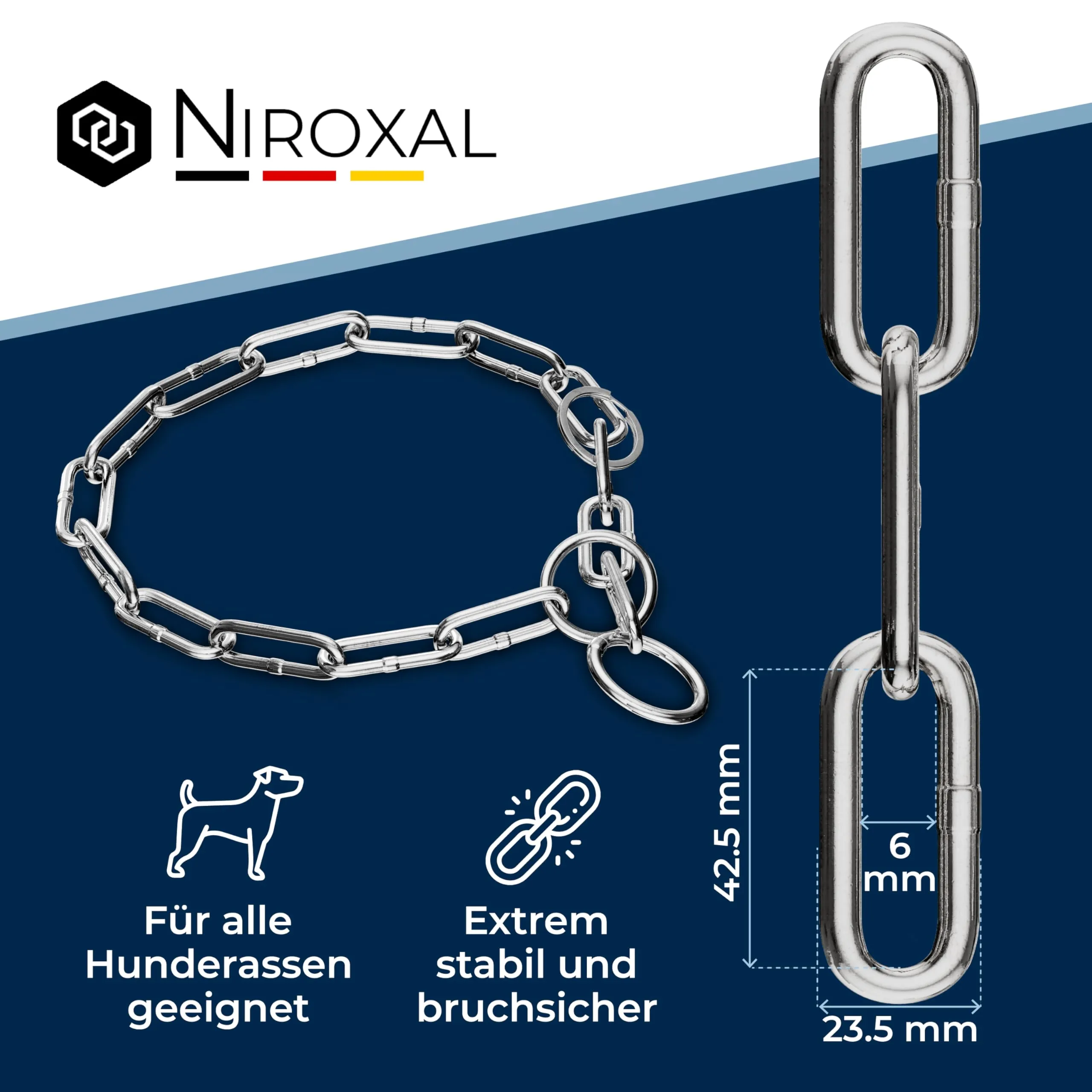 Collare addestramento cane acciaio inox V4A Ø6 mm – lunghezza 68 cm (totale) – per testa 49–54 cm – maglia lunga con limitatore di trazione - immagine 3