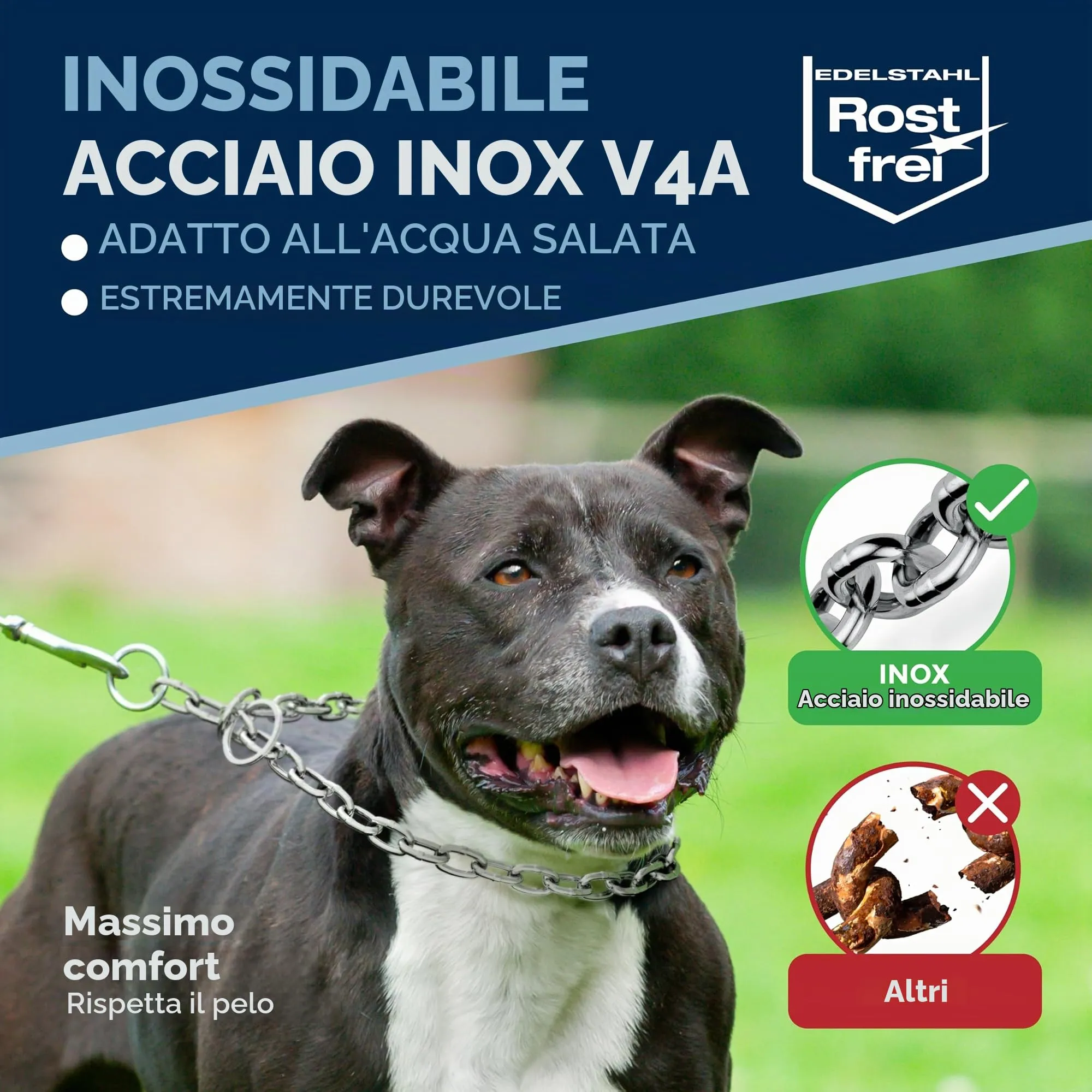 Collare addestramento cane acciaio inox V4A Ø4 mm – lunghezza 58 cm (totale) – per testa 46–49 cm – maglia lunga con limitatore di trazione - immagine 5