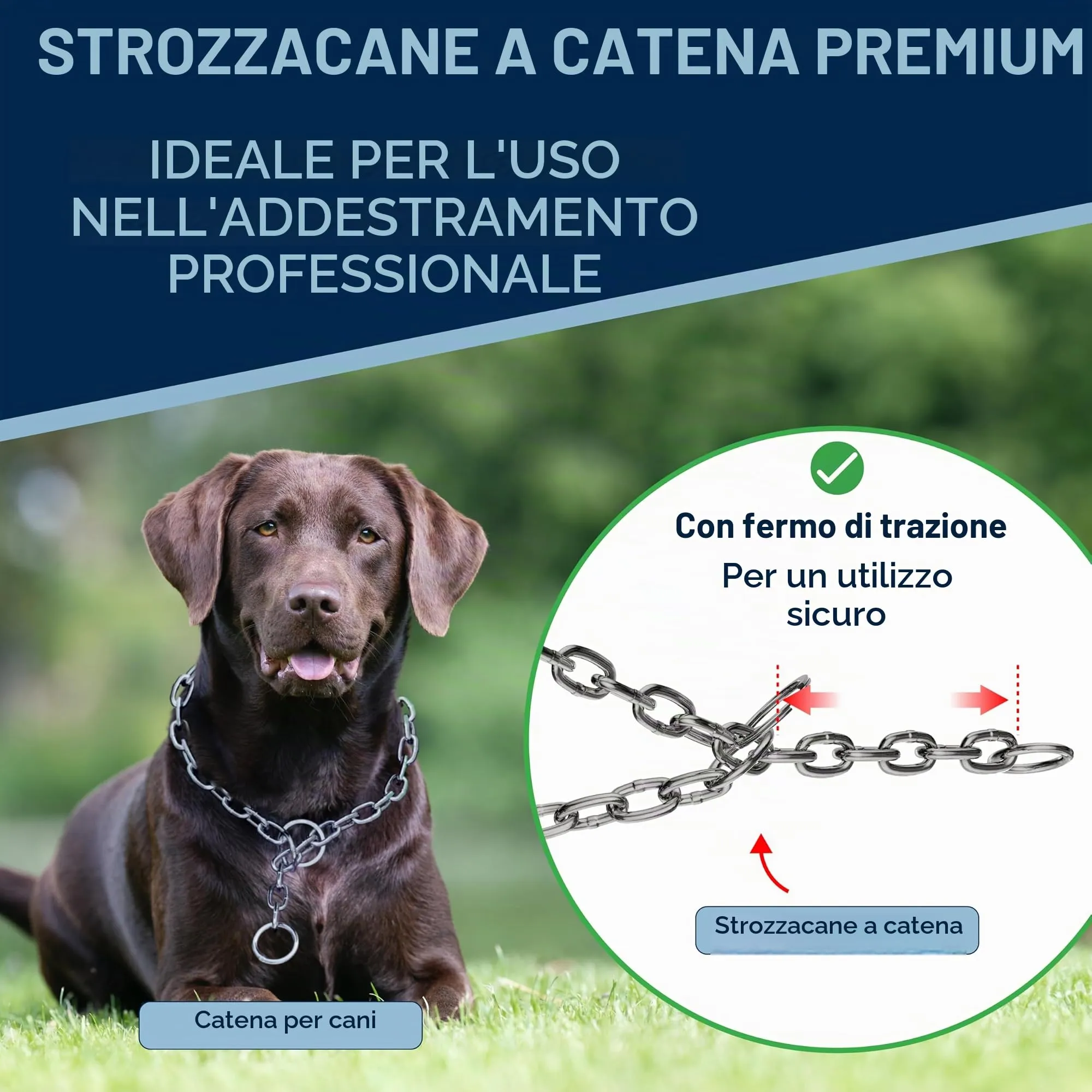 Collare addestramento cane acciaio inox V4A Ø4 mm – lunghezza 51 cm (totale) – per testa 39–43 cm – maglia lunga con limitatore di trazione - immagine 6