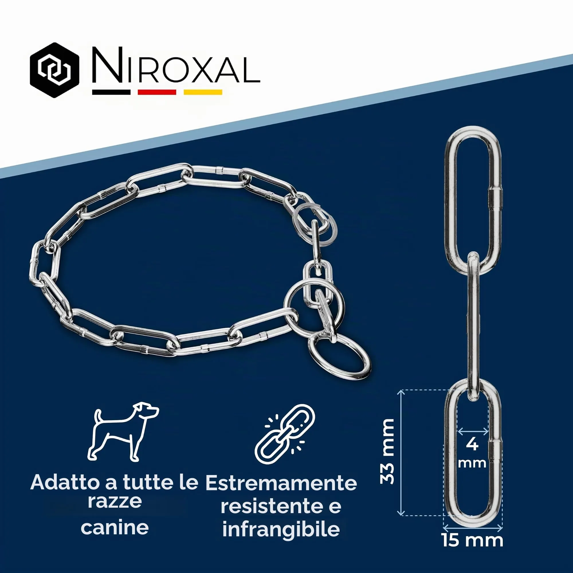 Collare addestramento cane acciaio inox V4A Ø4 mm – lunghezza 45 cm (totale) – per testa 32–36 cm – maglia lunga con limitatore di trazione - immagine 3