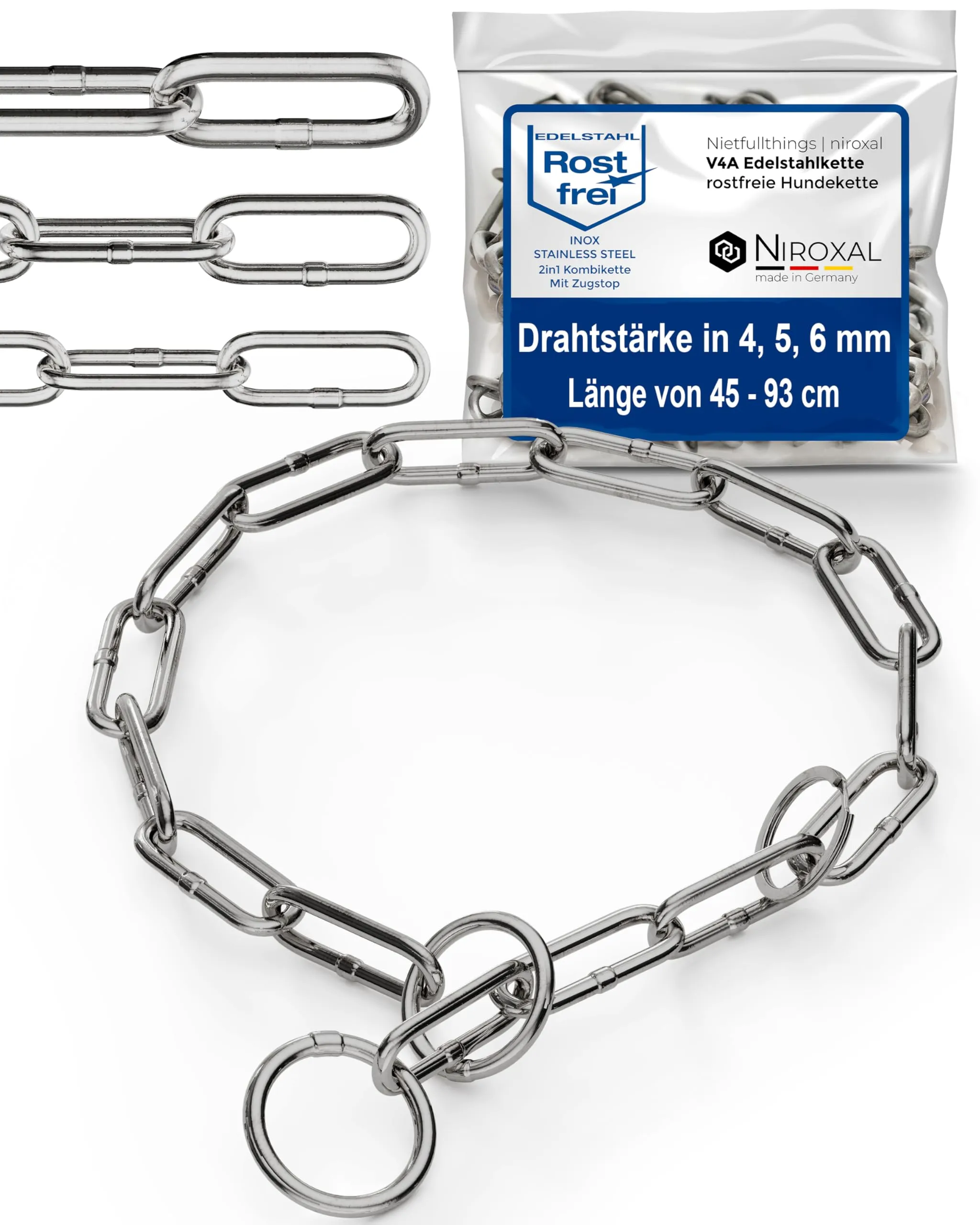 Collare addestramento cane acciaio inox V4A Ø4 mm – lunghezza 55 cm (totale) – per testa 43–46 cm – maglia lunga con limitatore di trazione - immagine 1