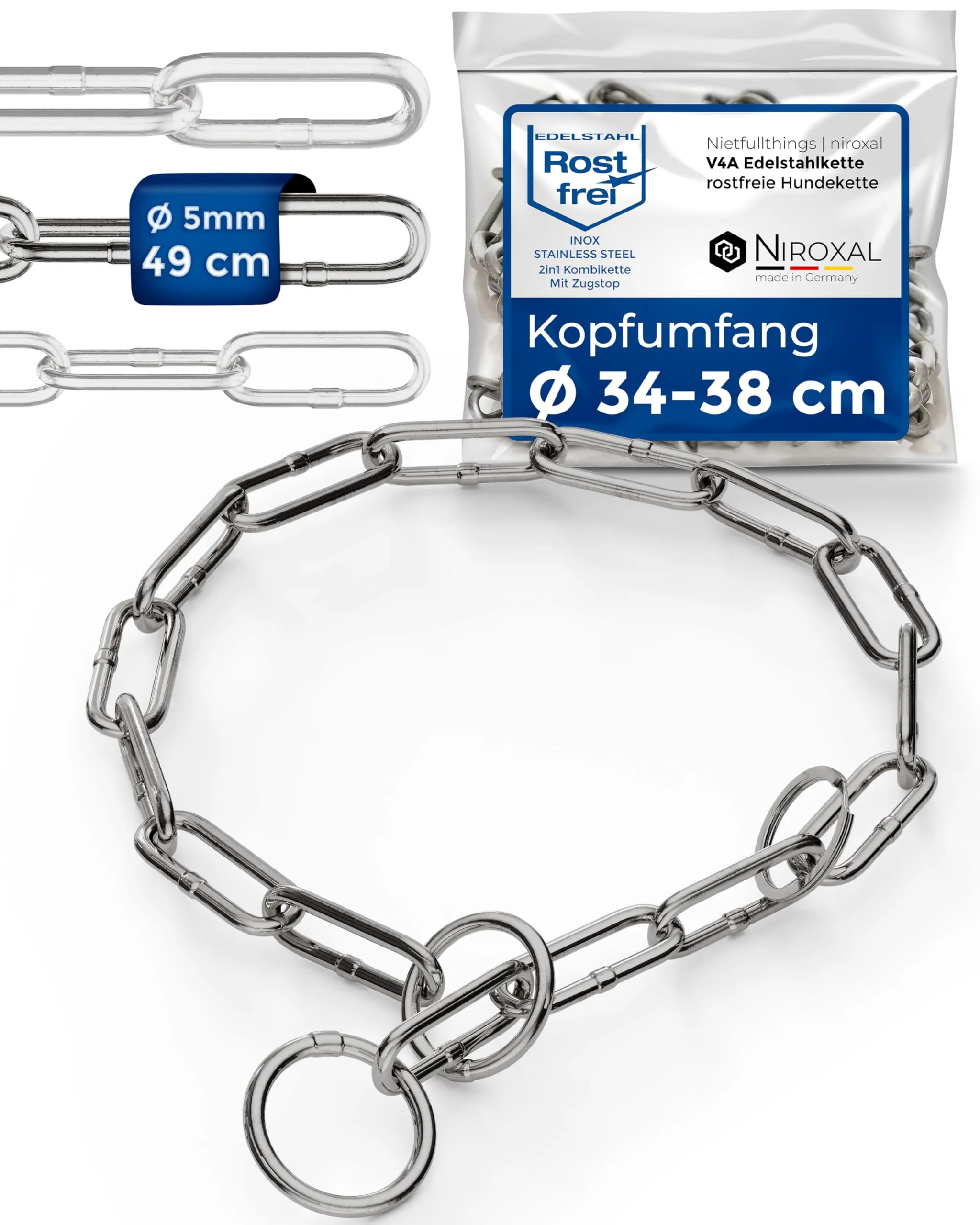 Collare addestramento cane acciaio inox V4A Ø5 mm – lunghezza 67 cm (totale) – per testa 53–56 cm – maglia lunga con limitatore di trazione - immagine 1