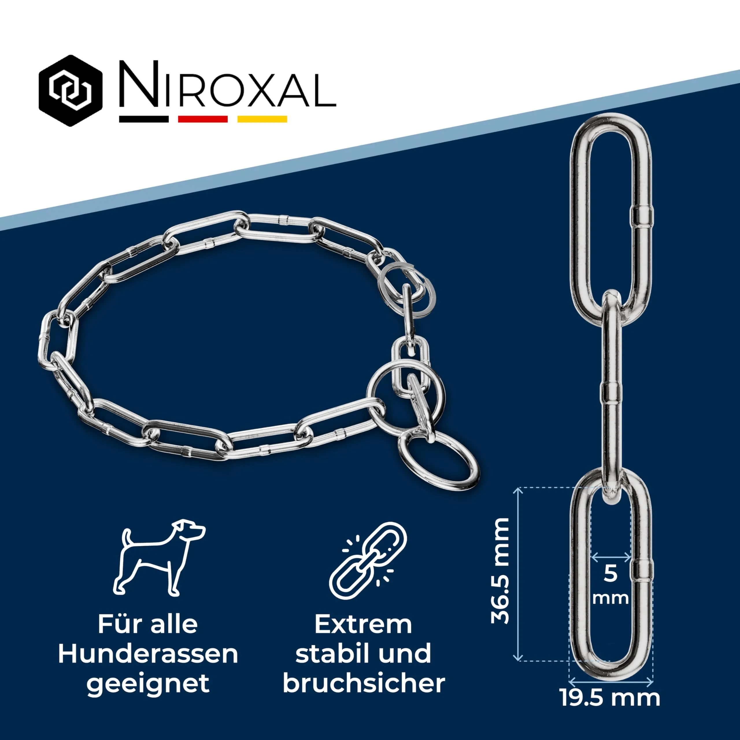 Collare addestramento cane acciaio inox V4A Ø5 mm – lunghezza 56 cm (totale) – per testa 42–45 cm – maglia lunga con limitatore di trazione - immagine 3