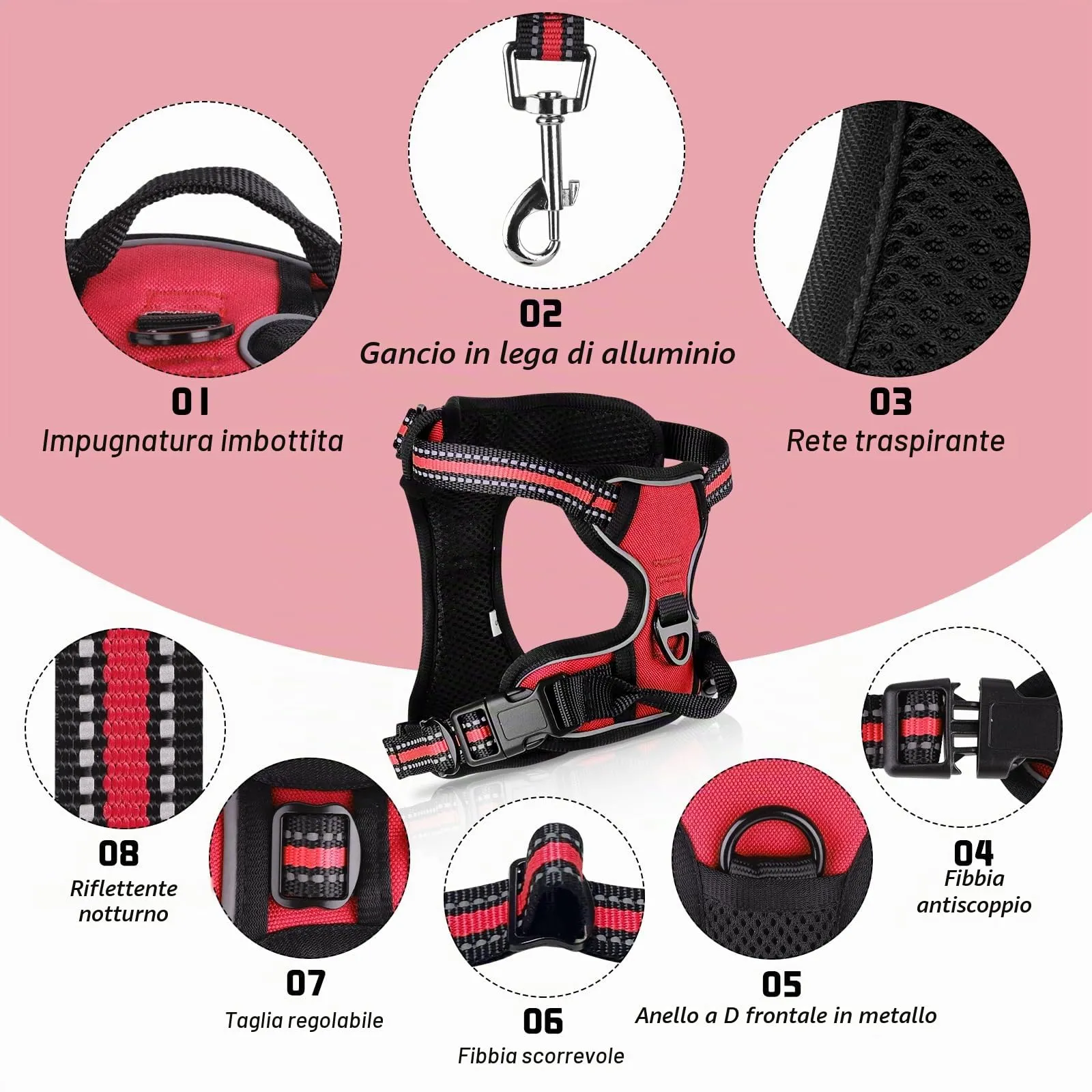 SIBOTER Pettorina Regolabile Traspirante con Guinzaglio, Antifuga per Corsa e Passeggiate (L, Rosso Scuro) - immagine 2