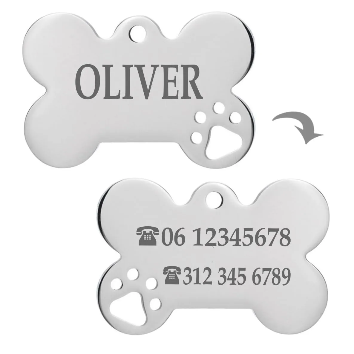 Ibera gifts - Medaglietta Cane Personalizzata, Targhetta Cane con Incisione, per Cani e Gatti di Taglia Molto Piccola e Cuccioli, Medaglietta Gatto Personalizzata (Piccola 1 zampa, Argento) - immagine 2