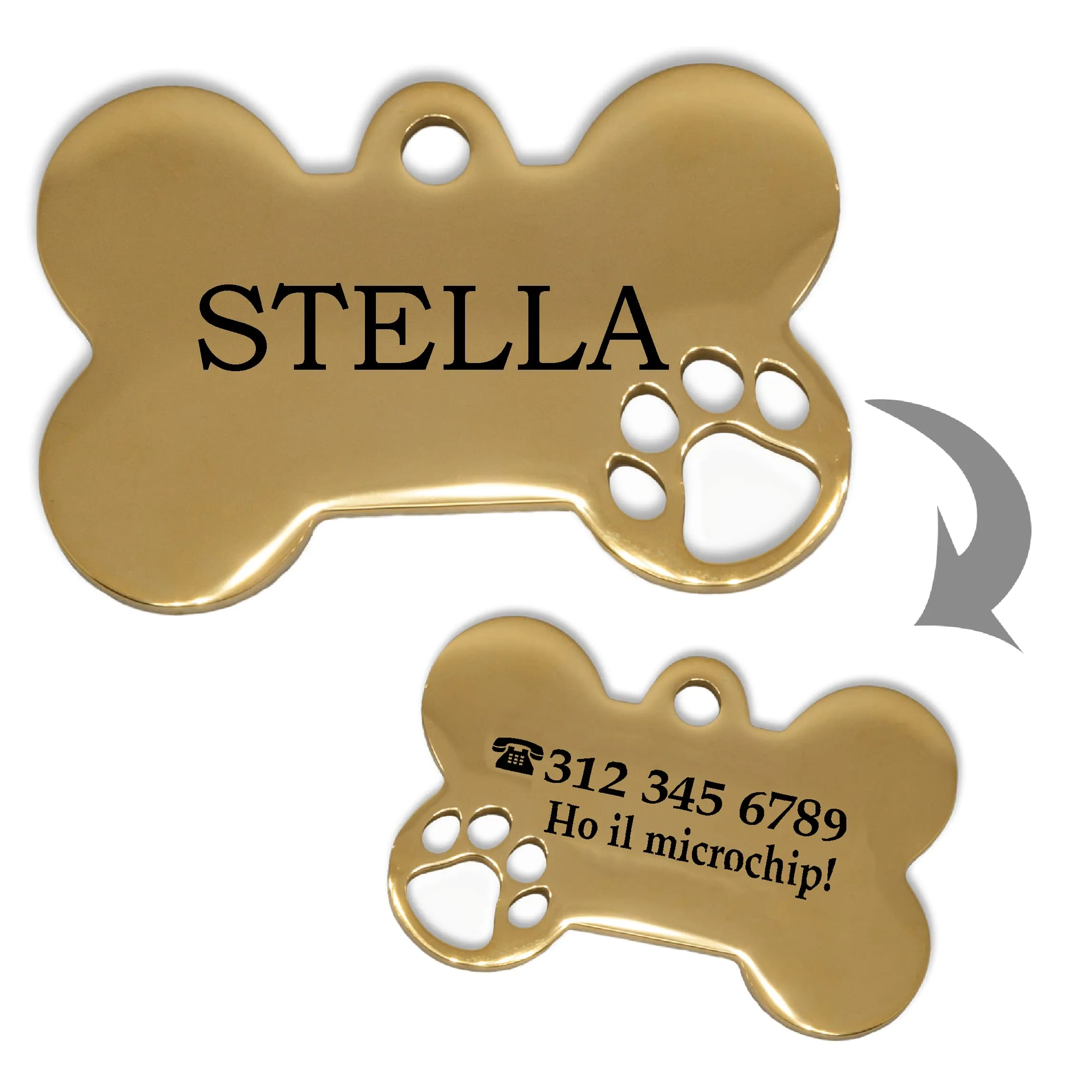 Ibera gifts - Medaglietta Cane Personalizzata, Targhetta Cane con Incisione, per Cani e Gatti di Taglia Molto Piccola e Cuccioli, Medaglietta Gatto Personalizzata (Piccola 1 zampa, D'oro) - immagine 3