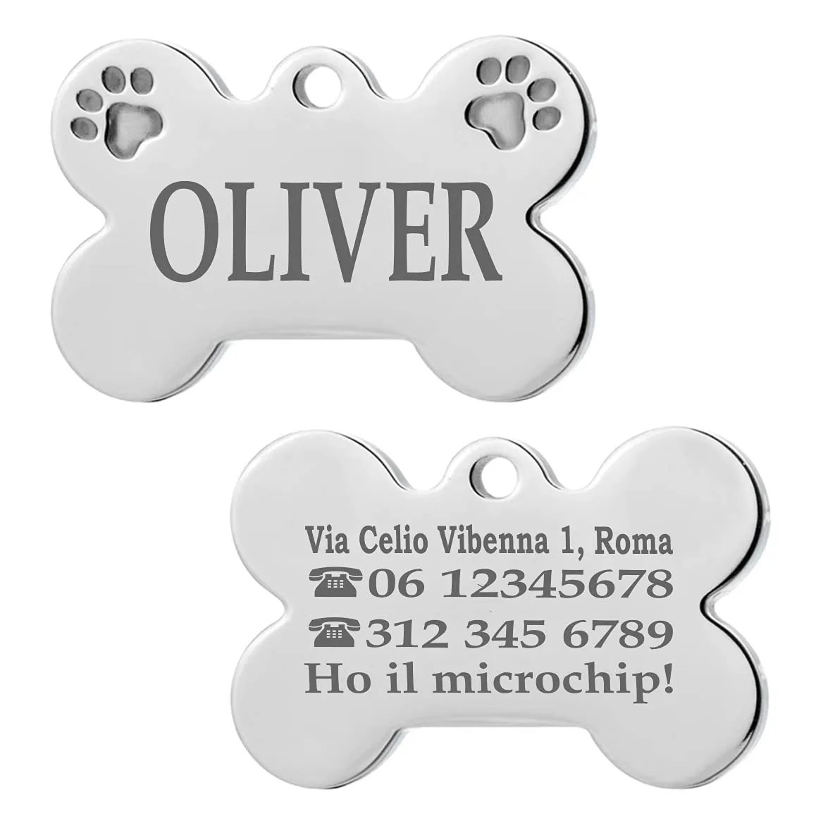 Ibera gifts - Medaglietta Cane Personalizzata, Targhetta Cane con Incisione, per Cani e Gatti di Taglia Media e Grande, Medaglietta Gatto Personalizzata (Grande 2 zampe, Argento) - immagine 1