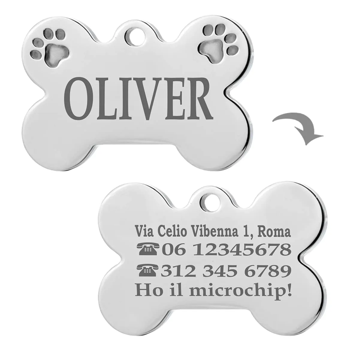 Ibera gifts - Medaglietta Cane Personalizzata, Targhetta Cane con Incisione, per Cani e Gatti di Taglia Media e Grande, Medaglietta Gatto Personalizzata (Grande 2 zampe, Argento) - immagine 2
