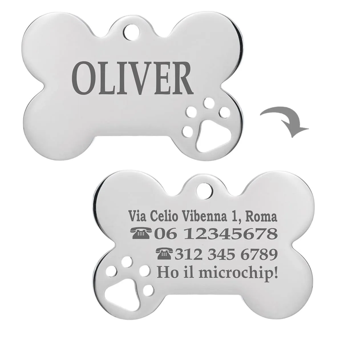 Ibera gifts - Medaglietta Cane Personalizzata, Targhetta Cane con Incisione Acciaio Inossidabile, per Cani e Gatti di Taglia Media e Grande, Medaglietta Gatto Personalizzata (Grande 1 zampa, Argento) - immagine 2