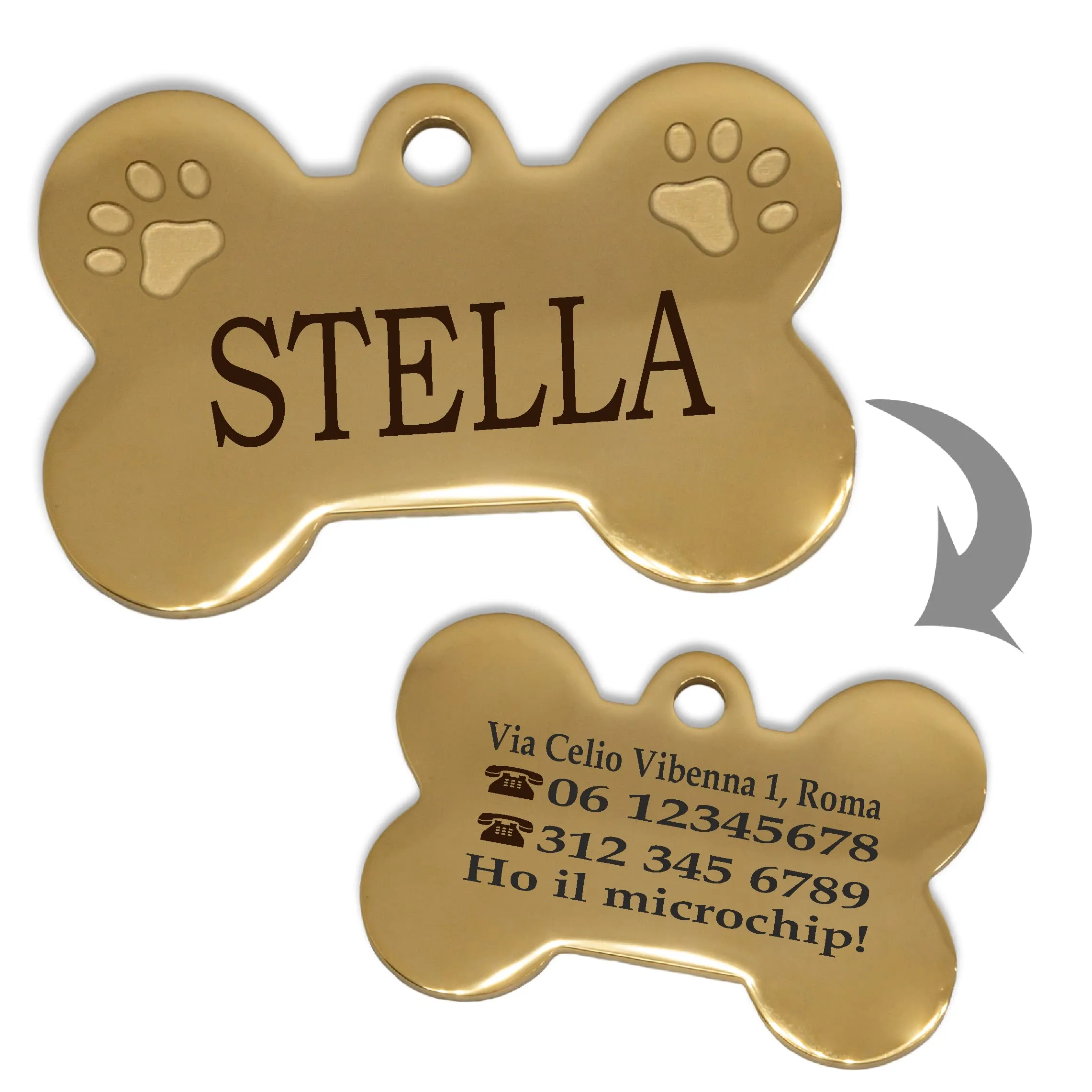 Ibera gifts - Medaglietta Cane Personalizzata, Targhetta Cane con Incisione, per Cani e Gatti di Taglia Media e Grande, Medaglietta Gatto Personalizzata (Grande 2 zampe, D'oro) - immagine 2