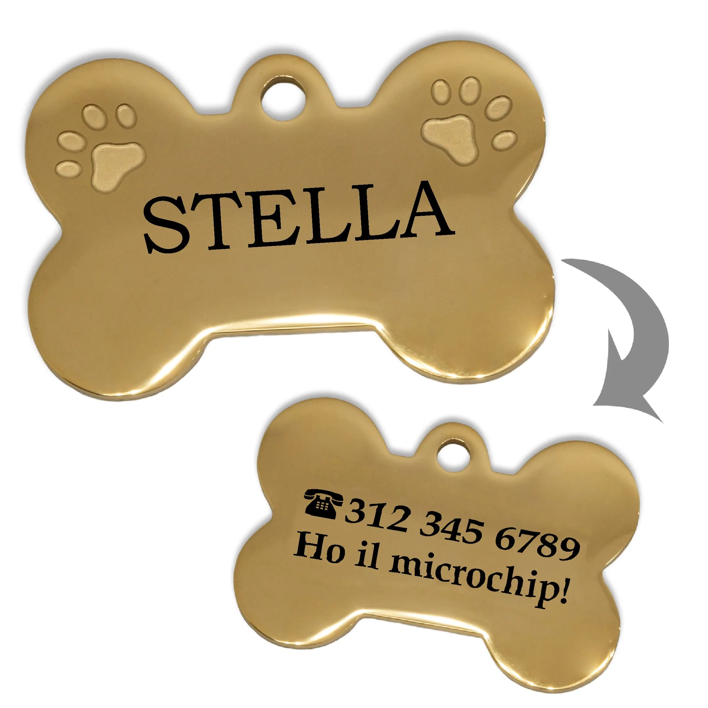 Ibera gifts - Medaglietta Cane Personalizzata, Targhetta Cane con Incisione, per Cani e Gatti di Taglia Molto Piccola e Cuccioli, Medaglietta Gatto Personalizzata (Piccola 2 zampe, D'oro) - immagine 1