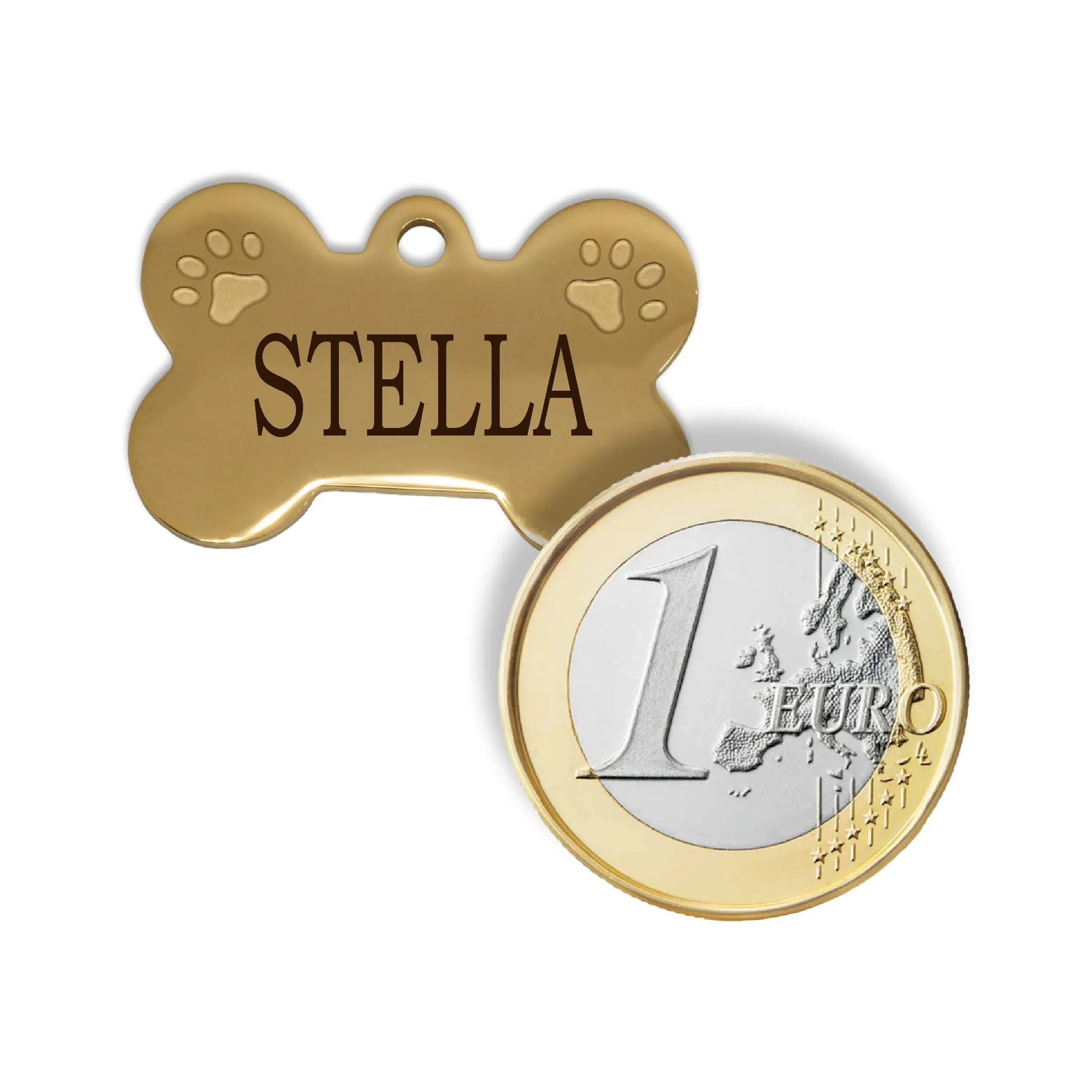 Ibera gifts - Medaglietta Cane Personalizzata, Targhetta Cane con Incisione, per Cani e Gatti di Taglia Molto Piccola e Cuccioli, Medaglietta Gatto Personalizzata (Piccola 2 zampe, D'oro) - immagine 2