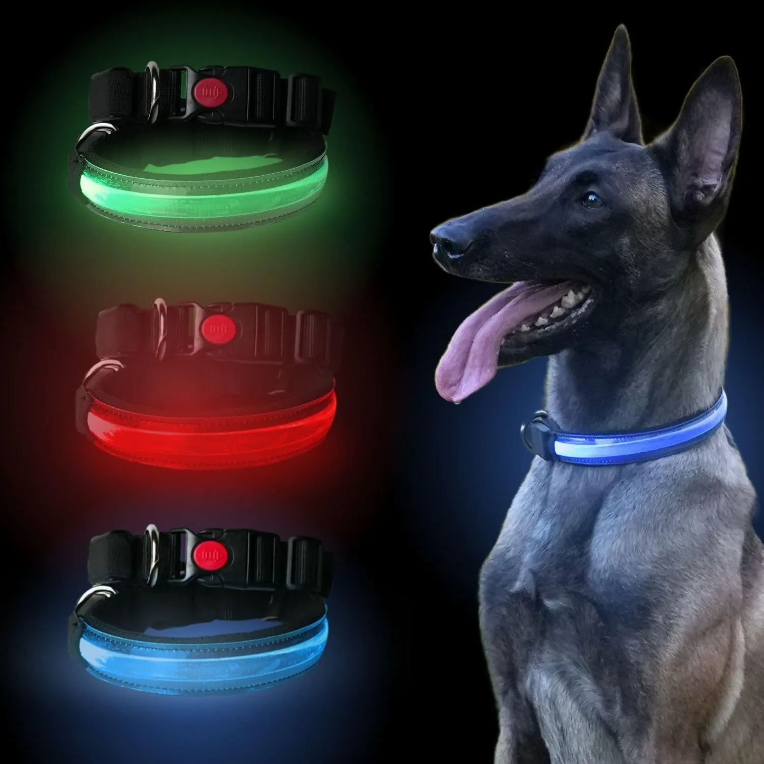 PETTY Collare Luminoso per Cani REGOLABILE LED - Collarino TRASPIRANTE RICARICABILE Usb, Chiusura Regolabile e Bottone di Sicurezza Antistrozzo - Cani Taglia Piccola Media e Grande S rosso - immagine 1