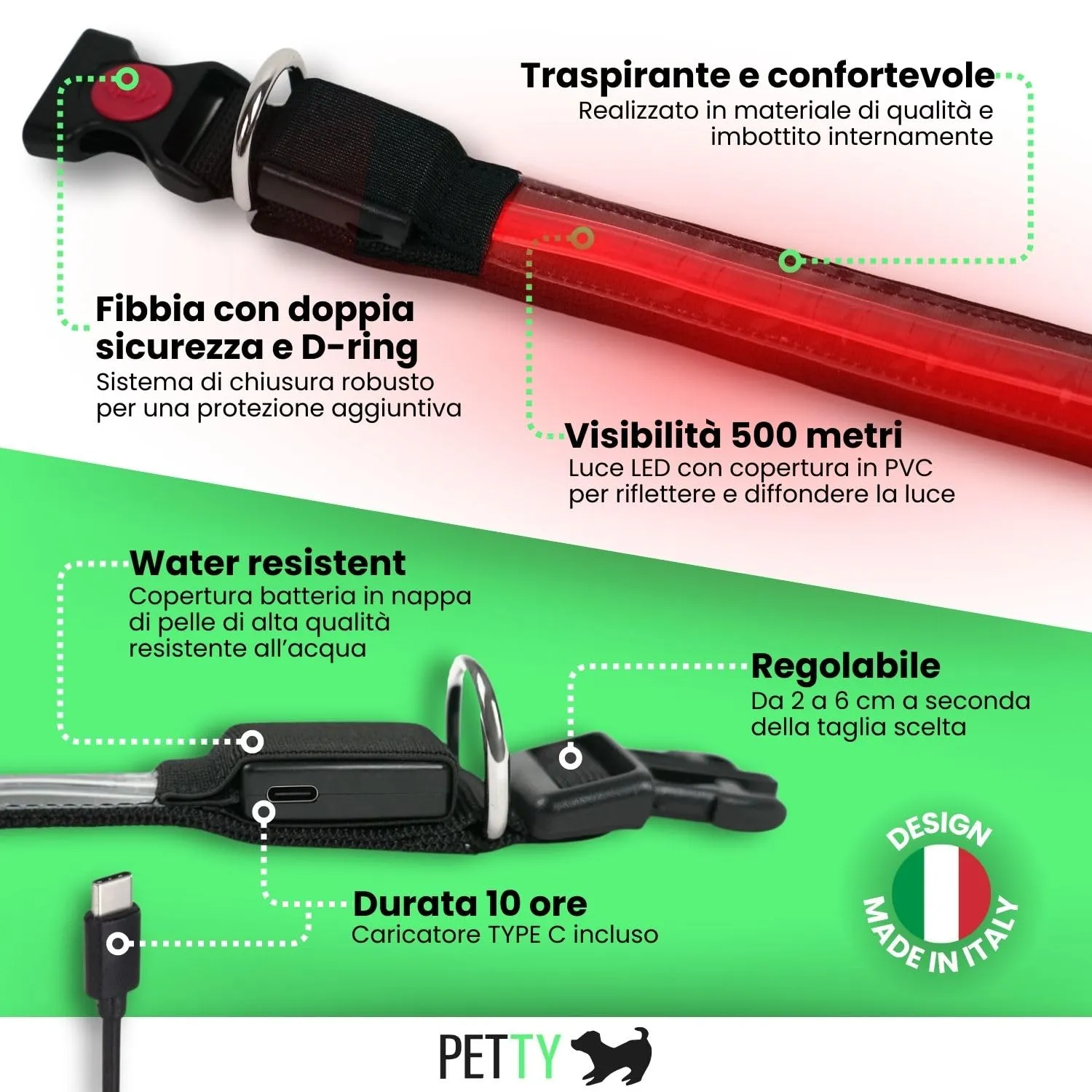 PETTY Collare Luminoso per Cani REGOLABILE LED - Collarino TRASPIRANTE RICARICABILE Usb, Chiusura Regolabile e Bottone di Sicurezza Antistrozzo - Cani Taglia Piccola Media e Grande S rosso - immagine 2
