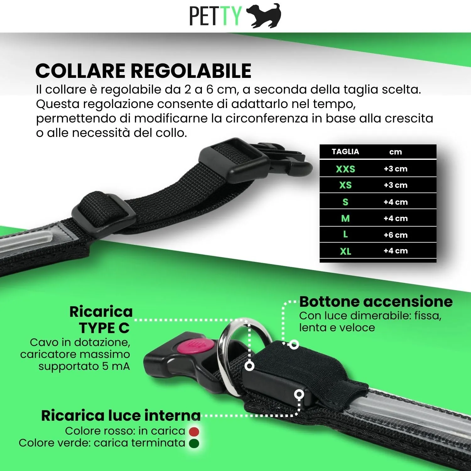 PETTY Collare Luminoso per Cani REGOLABILE LED - Collarino TRASPIRANTE RICARICABILE Usb, Chiusura Regolabile e Bottone di Sicurezza Antistrozzo - Cani Taglia Piccola Media e Grande S rosso - immagine 5