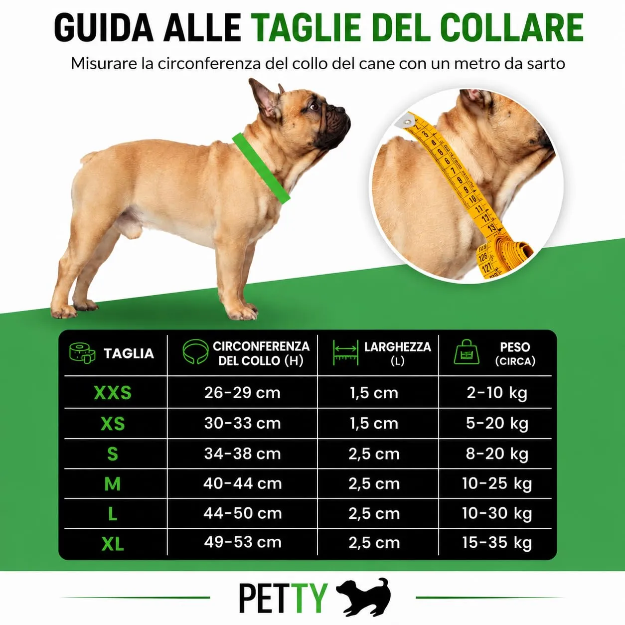 PETTY Collare Luminoso per Cani REGOLABILE LED - Collarino TRASPIRANTE RICARICABILE Usb, Chiusura Regolabile e Bottone di Sicurezza Antistrozzo - Cani Taglia Piccola Media e Grande XXS Verde - immagine 4