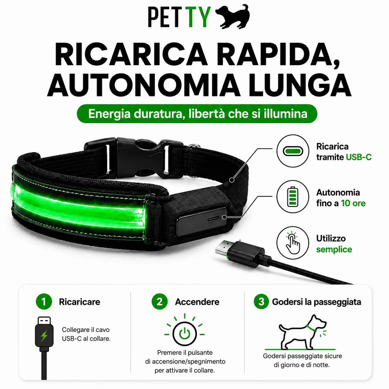 PETTY Collare Luminoso per Cani REGOLABILE LED - Collarino TRASPIRANTE RICARICABILE Usb, Chiusura Regolabile e Bottone di Sicurezza Antistrozzo - Cani Taglia Piccola Media e Grande S Blu - immagine 5