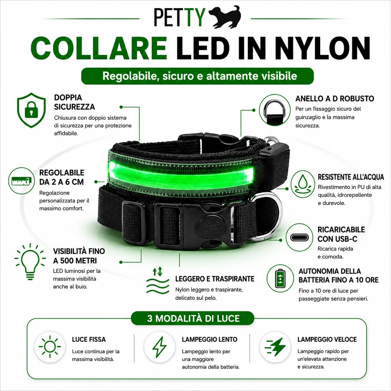 PETTY Collare Luminoso per Cani REGOLABILE LED - Collarino TRASPIRANTE RICARICABILE Usb, Chiusura Regolabile e Bottone di Sicurezza Antistrozzo - Cani Taglia Piccola Media e Grande M Blu - immagine 2