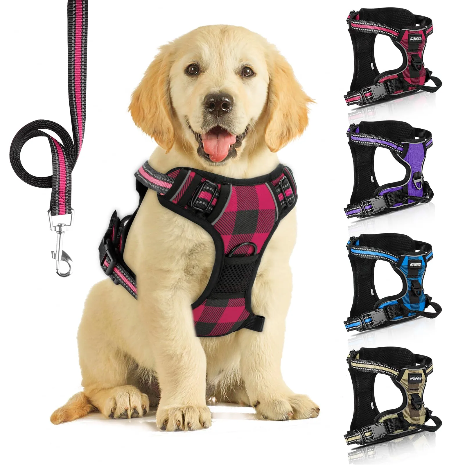 SIBOTER Imbracatura per Cani, Pettorina Anti Trazione, Riflettente, con Guinzaglio, per Allenamento all'aperto (Plaid Rosso, S) - immagine 1