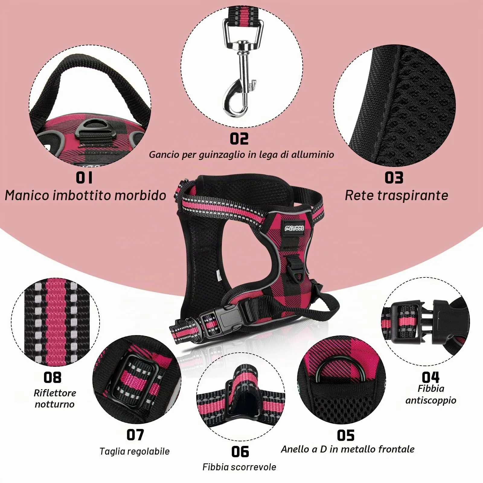 SIBOTER Imbracatura per Cani, Pettorina Anti Trazione, Riflettente, con Guinzaglio, per Allenamento all'aperto (Plaid Rosso, S) - immagine 2