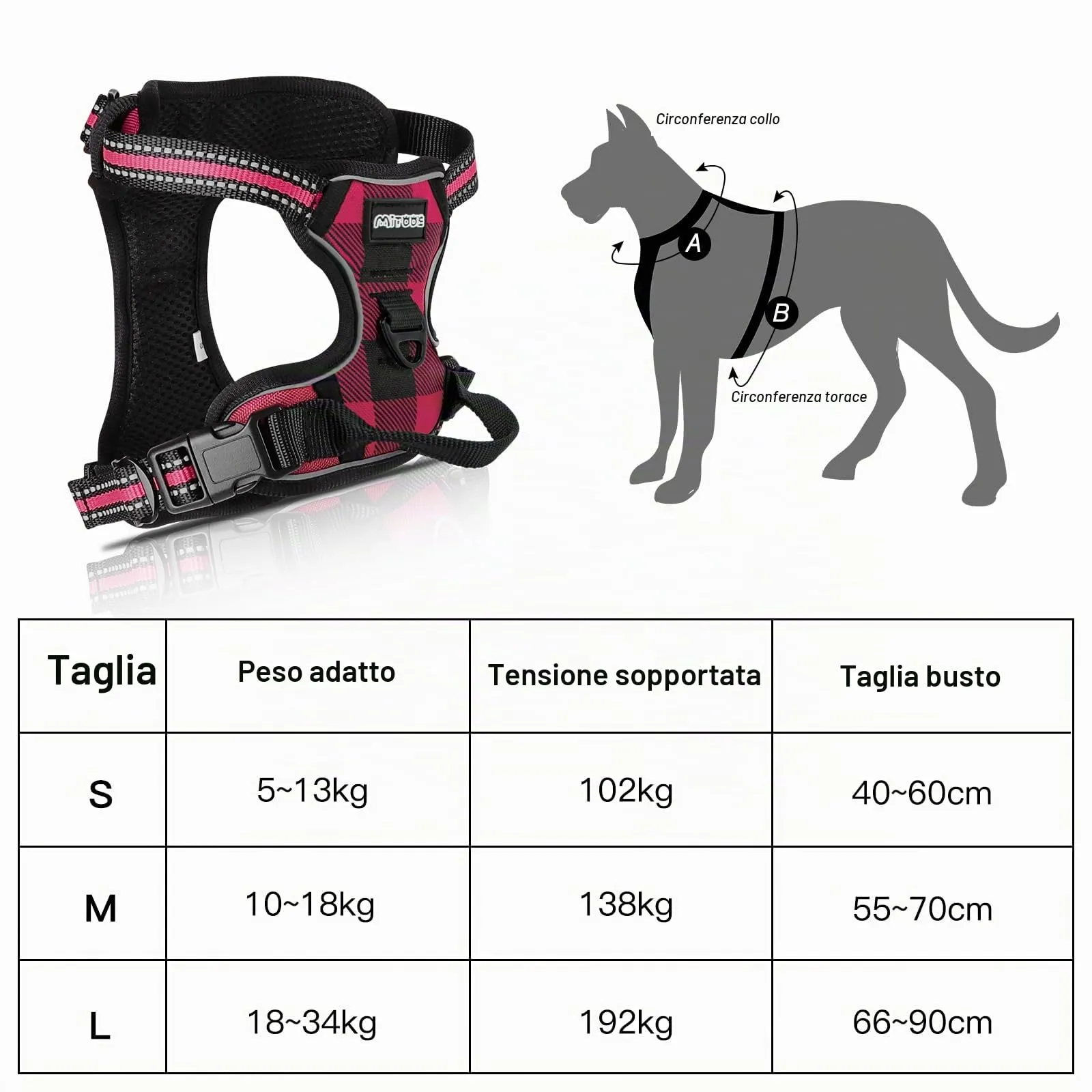 SIBOTER Imbracatura per Cani, Pettorina Anti Trazione, Riflettente, con Guinzaglio, per Allenamento all'aperto (Plaid Rosso, S) - immagine 6