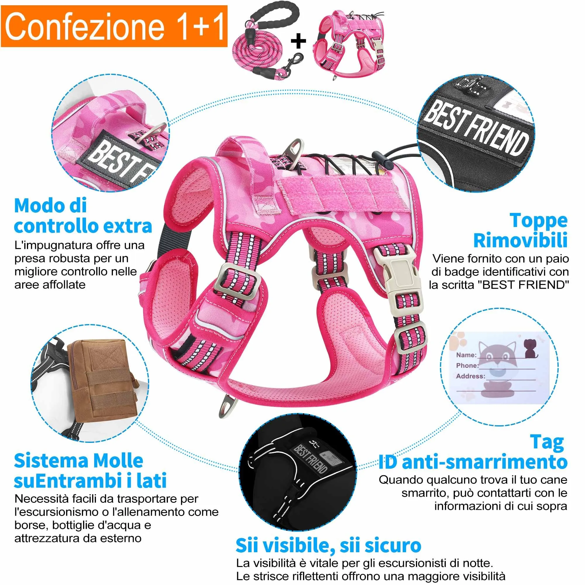 Haapaw Imbracatura tattica Heavy Duty per cani di grandi dimensioni senza tirare Imbracatura da addestramento riflettente facile controllo Militare Imbracatura per cani XL Camouflage Rosa - immagine 4
