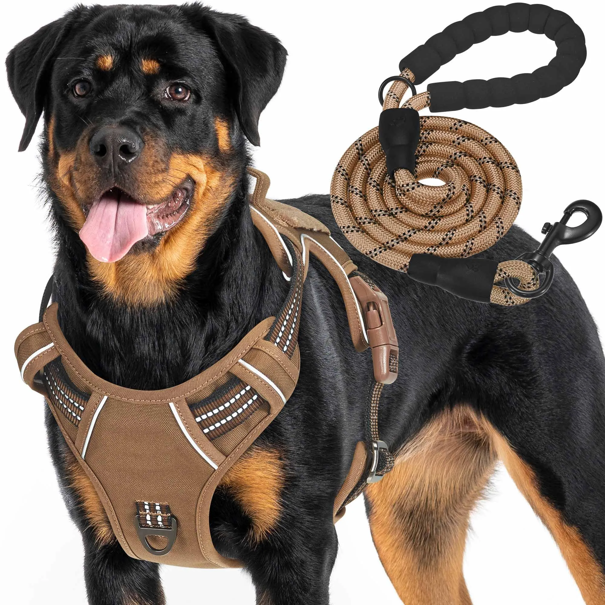 Haapaw Pettorina tattica resistente per cani di taglia grande, senza tiro, regolabile, riflettente, per addestramento, facile controllo, militare, imbracatura per cani da lavoro, XL, marrone - immagine 1