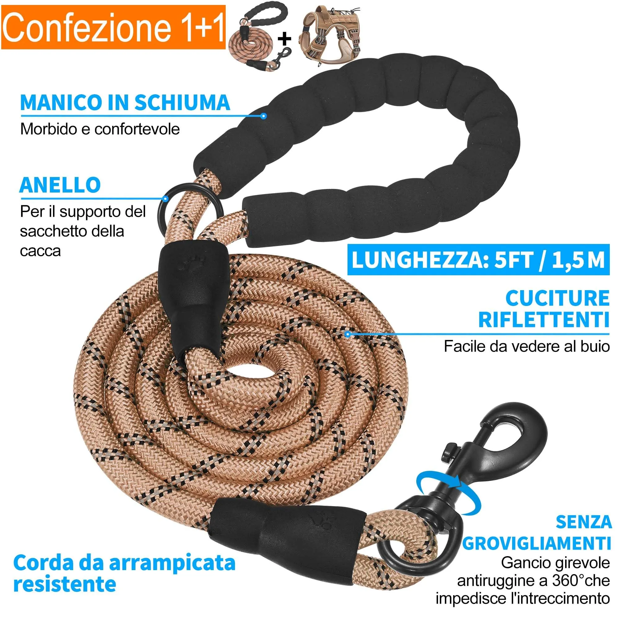 Haapaw Pettorina tattica resistente per cani di taglia grande, senza tiro, regolabile, riflettente, per addestramento, facile controllo, militare, imbracatura per cani da lavoro, XL, marrone - immagine 5