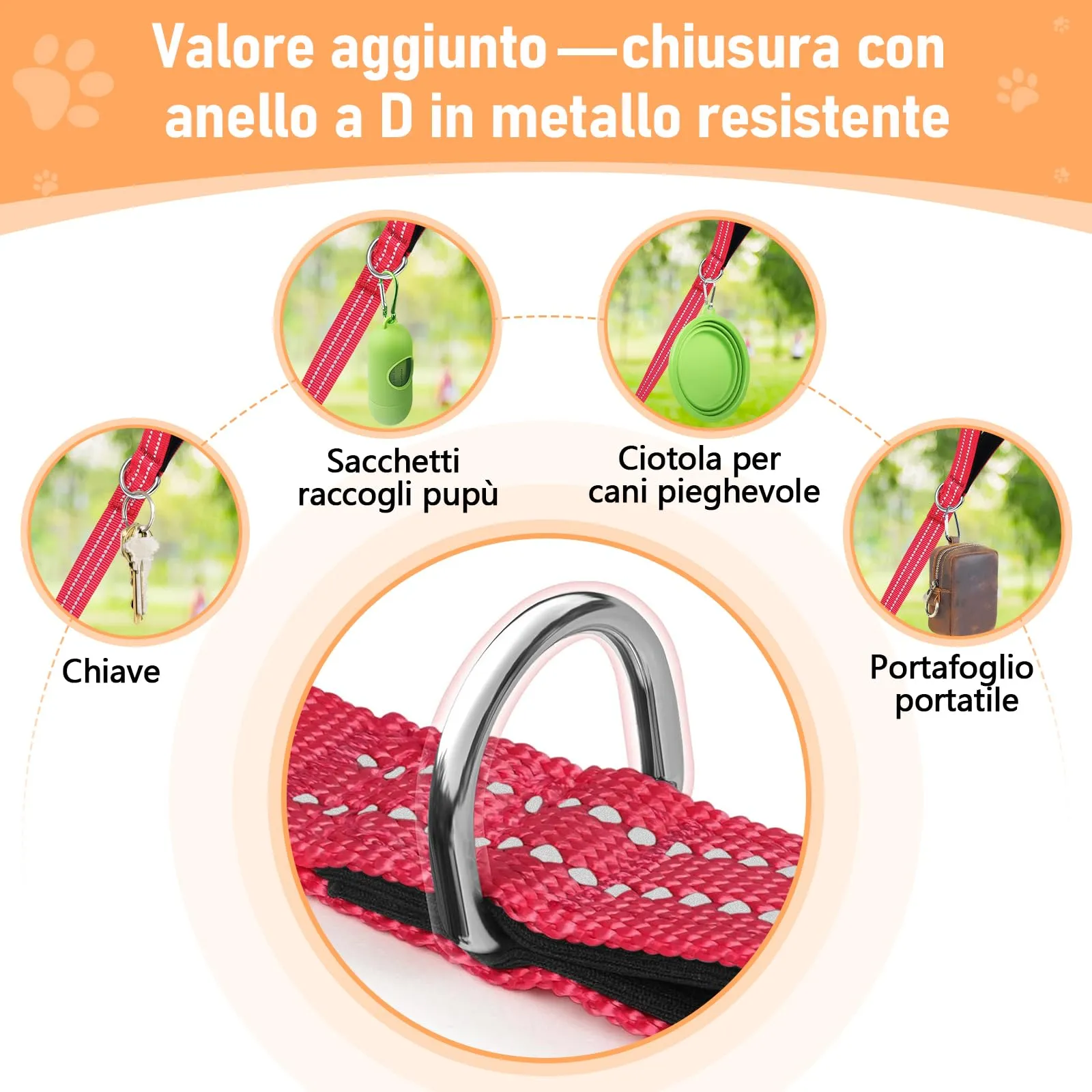 X XBEN Guinzaglio Addestramento per Cani Resistente e Leggero, Lunghina per Cane 15 Metri, Guinzaglio per Cani Con Impugnatura Comfort e fibbia a D, per Tutti i Cani per Allenamento, Corsa,Rosso - immagine 2
