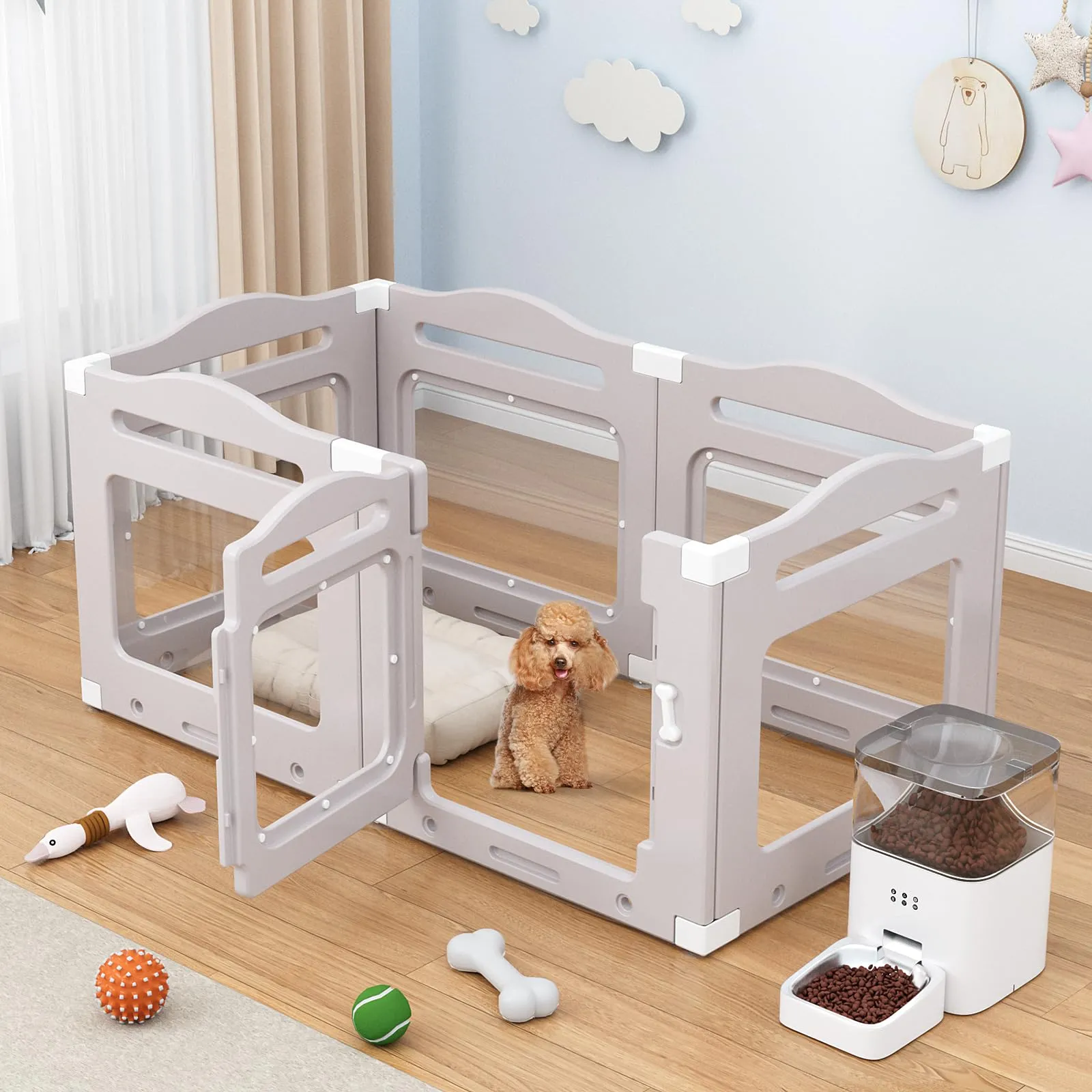 Recinto per Cani da Interno in Acrilico 60cm, 5 PCS +1 Pannelli con Porta a Chiusura, Recinto per Cani Pieghevole con Ventose, Parco adatto per Appartamento, Grigio Caldo - immagine 1