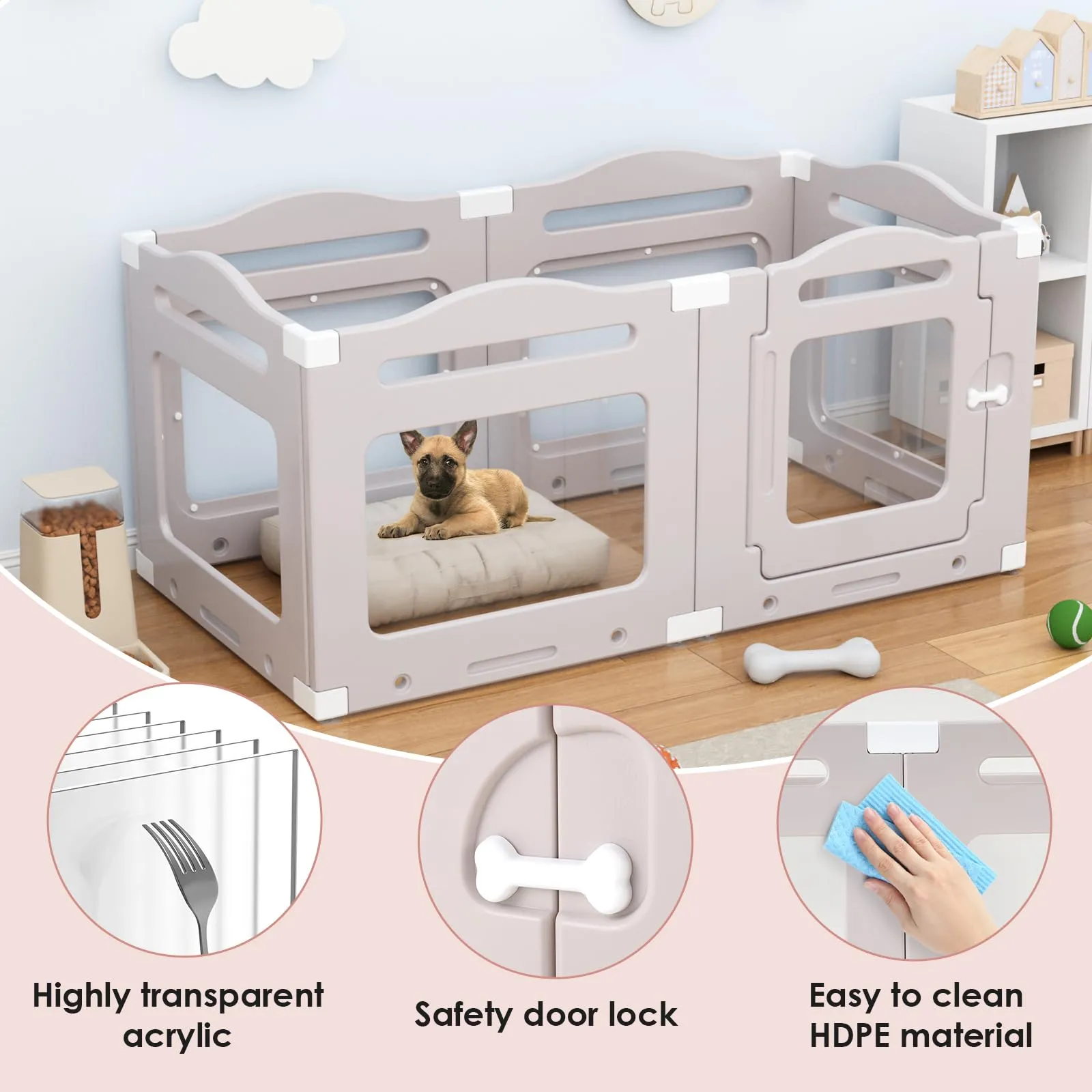 Recinto per Cani da Interno in Acrilico 60cm, 5 PCS +1 Pannelli con Porta a Chiusura, Recinto per Cani Pieghevole con Ventose, Parco adatto per Appartamento, Grigio Caldo - immagine 2
