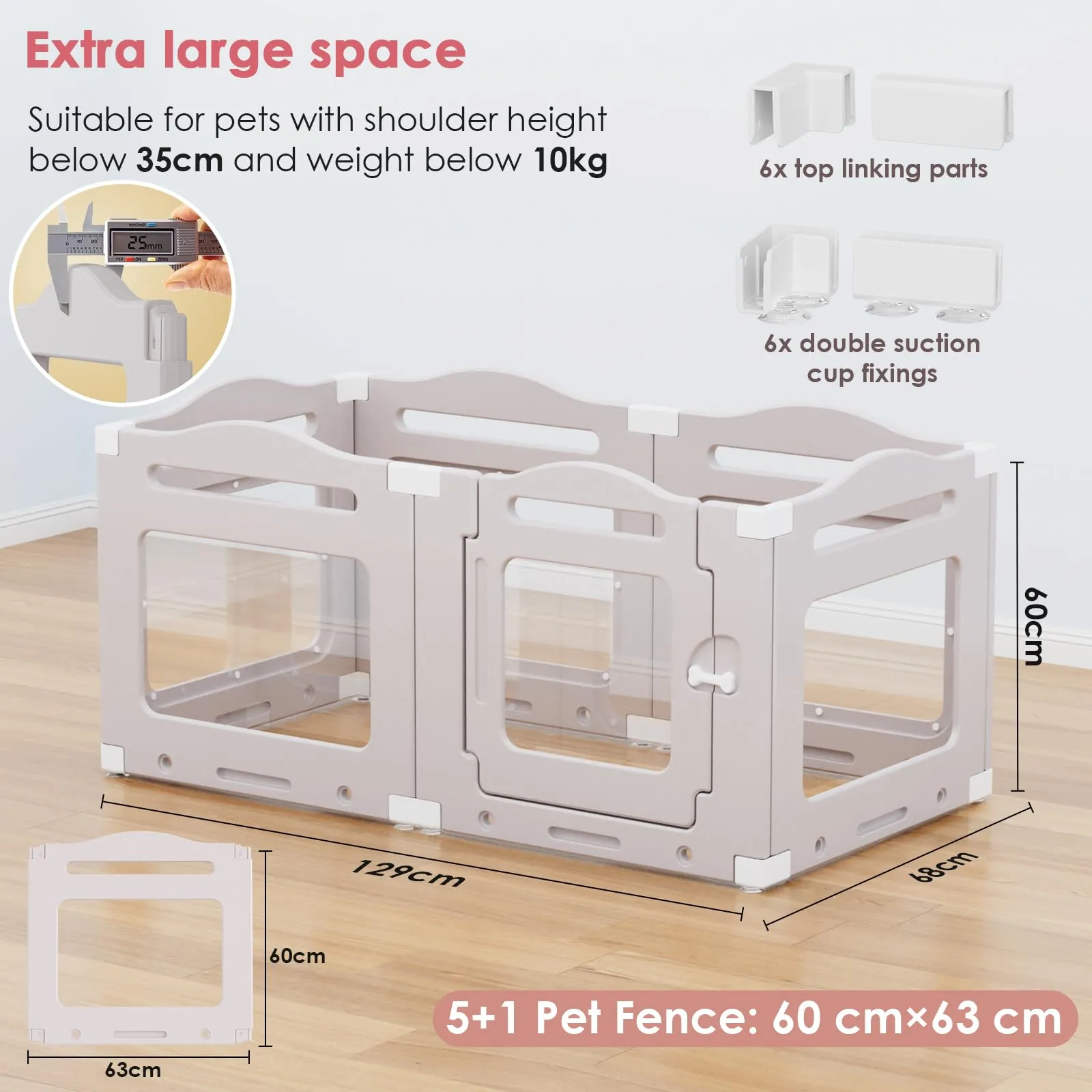 Recinto per Cani da Interno in Acrilico 60cm, 5 PCS +1 Pannelli con Porta a Chiusura, Recinto per Cani Pieghevole con Ventose, Parco adatto per Appartamento, Grigio Caldo - immagine 3