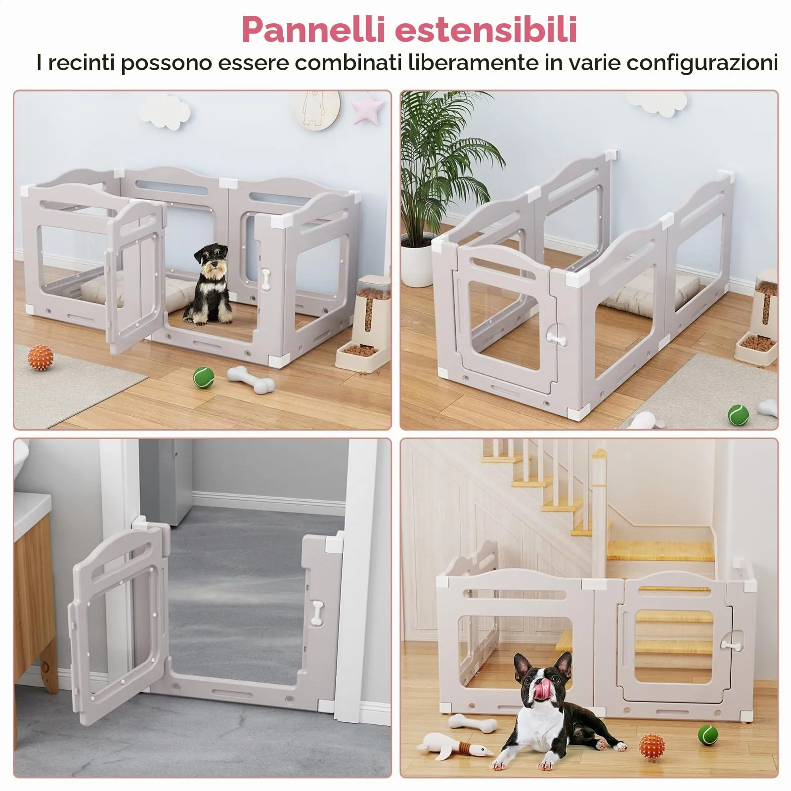 Recinto per Cani da Interno in Acrilico 60cm, 5 PCS +1 Pannelli con Porta a Chiusura, Recinto per Cani Pieghevole con Ventose, Parco adatto per Appartamento, Grigio Caldo - immagine 4