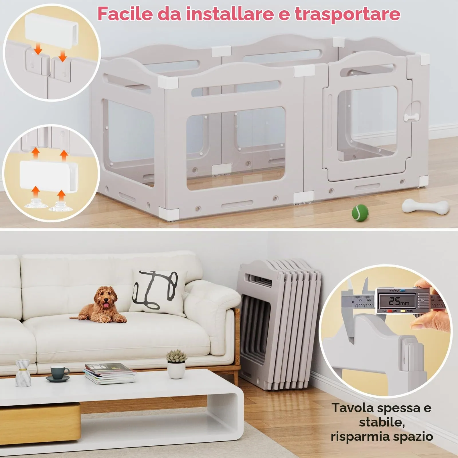 Recinto per Cani da Interno in Acrilico 60cm, 5 PCS +1 Pannelli con Porta a Chiusura, Recinto per Cani Pieghevole con Ventose, Parco adatto per Appartamento, Grigio Caldo - immagine 5