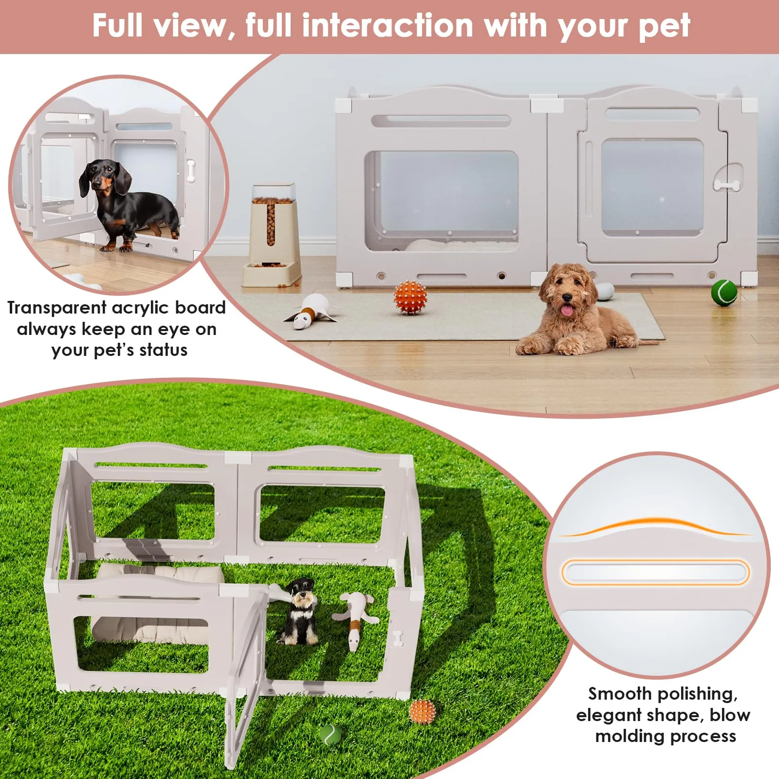 Recinto per Cani da Interno in Acrilico 60cm, 5 PCS +1 Pannelli con Porta a Chiusura, Recinto per Cani Pieghevole con Ventose, Parco adatto per Appartamento, Grigio Caldo - immagine 6